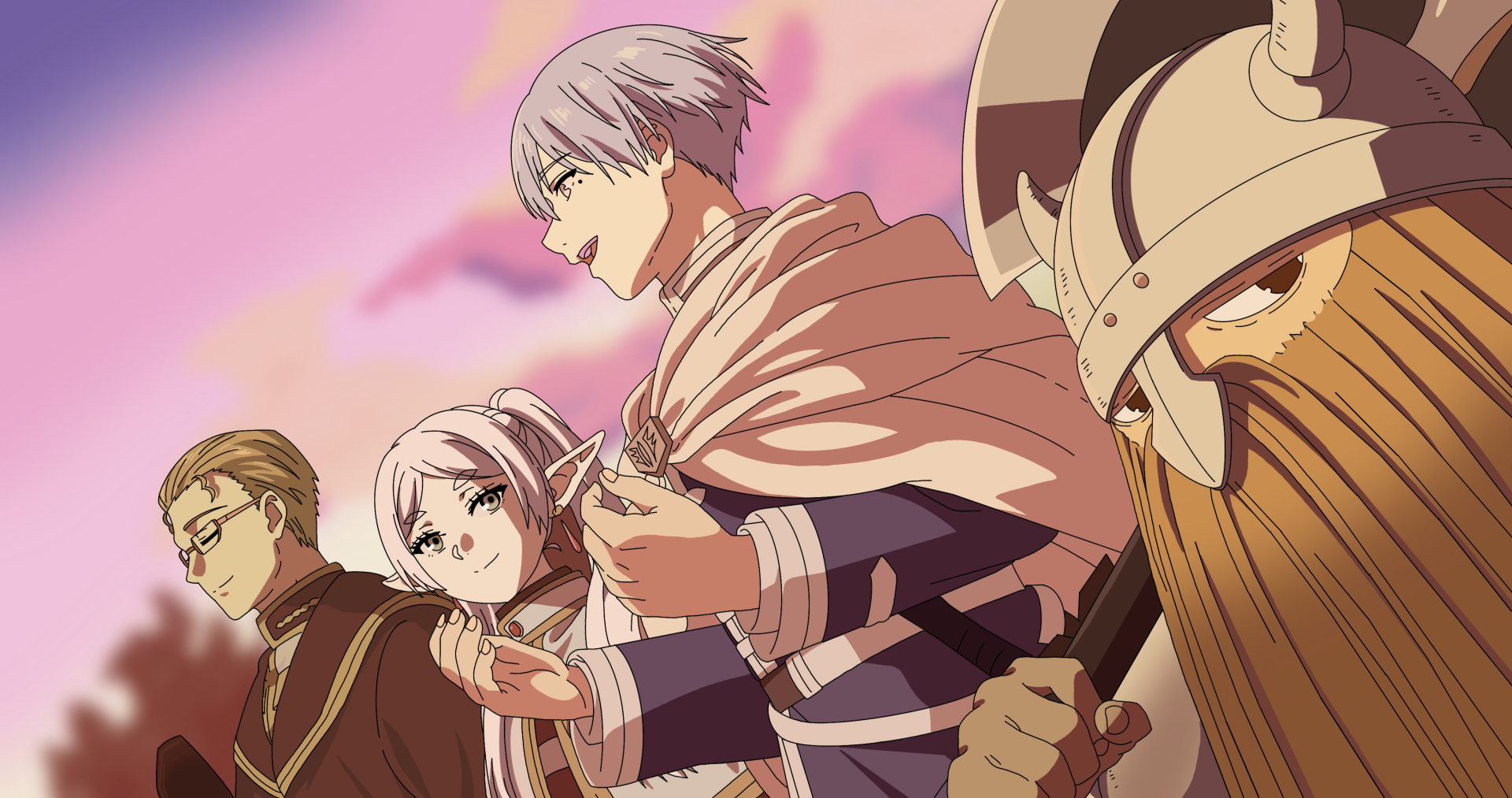 4K Ultra HD PC wallpaper featuring main characters from the anime Frieren: Beyond Journey's End against a vibrant pink sky background.