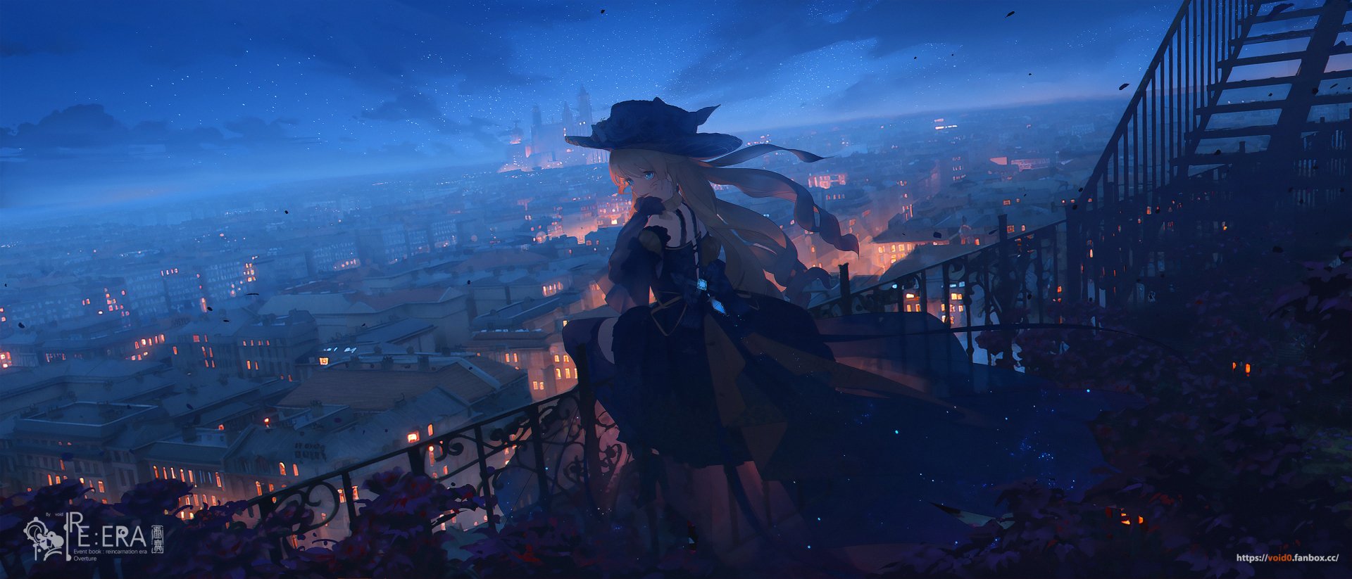A stunning HD desktop wallpaper featuring Navia from Genshin Impact, overlooking a beautifully illuminated cityscape at dusk, enveloped in a serene atmosphere.