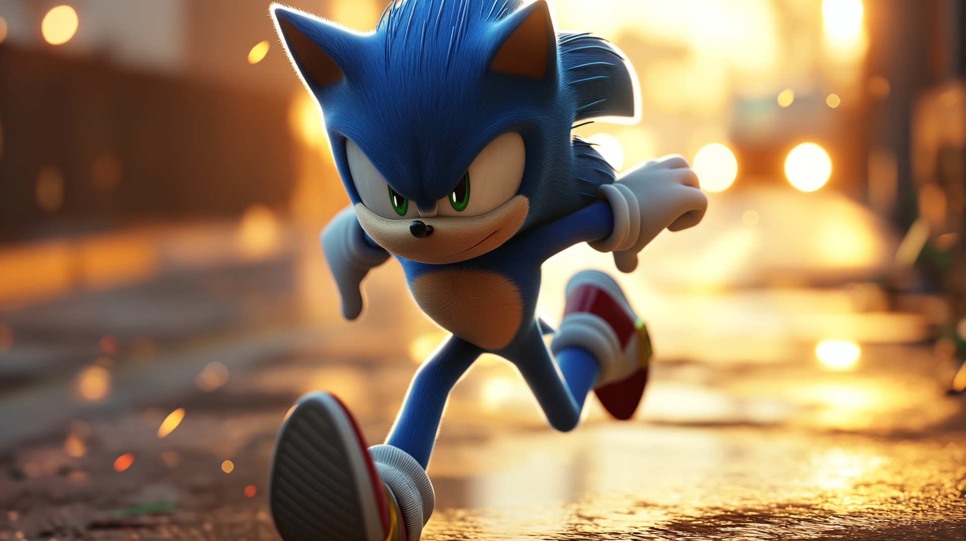 HD desktop wallpaper featuring Sonic the Hedgehog in action from the popular video game series, with a dynamic sunset background.
