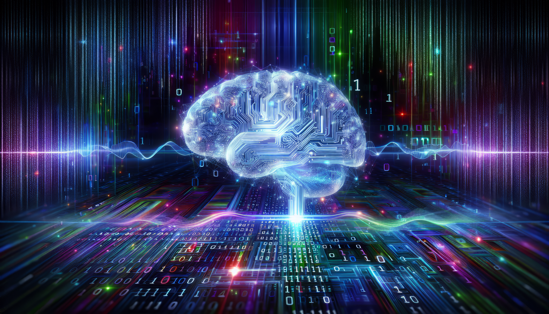 HD desktop wallpaper featuring a stylized digital brain representing artificial intelligence, with vibrant data streams and circuitry.