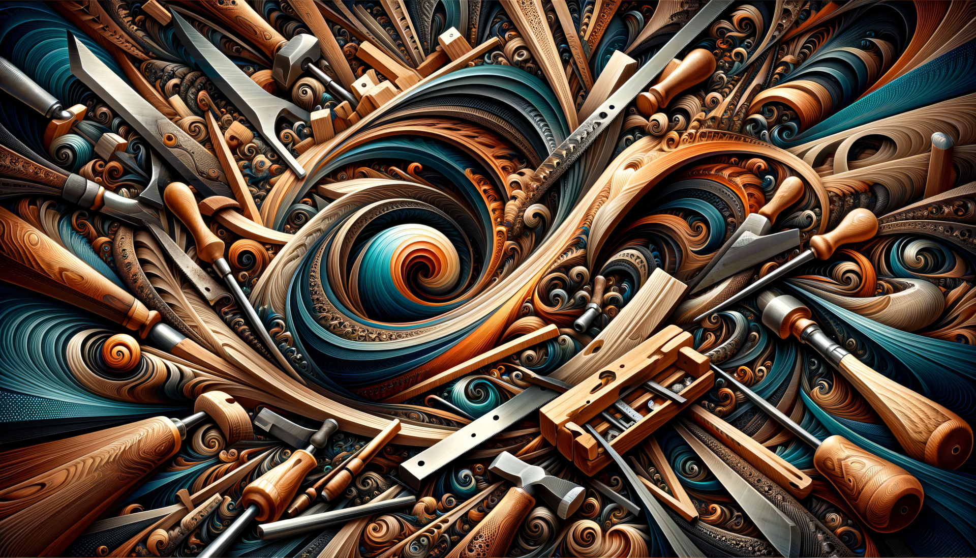 HD desktop wallpaper featuring an artistic abstract design of woodworking tools and wood grain patterns in a swirling composition.