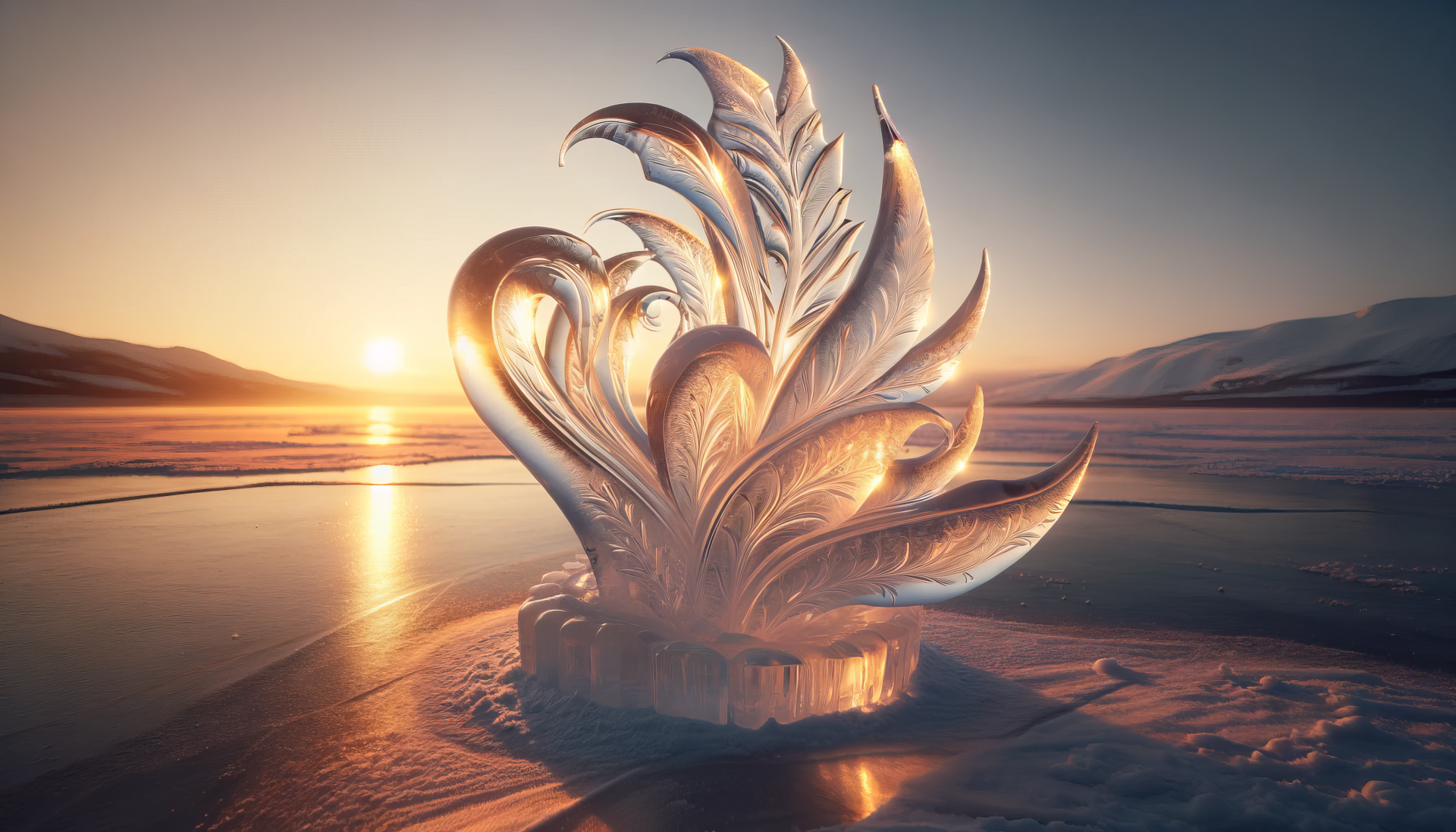A stunning ice sculpture resembling elegant leaves glows in the warm light of sunset, providing a captivating HD desktop wallpaper and background.