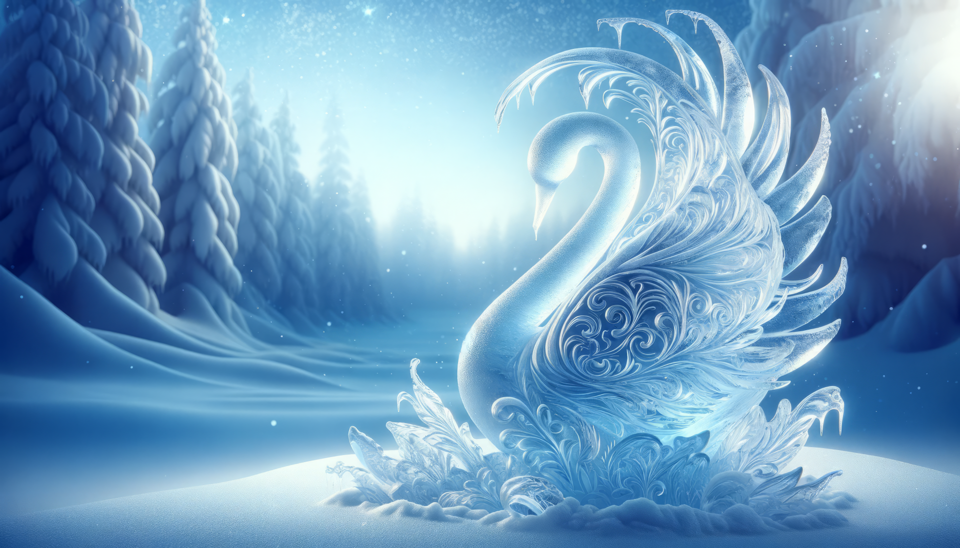 An enchanting ice sculpture of a swan, intricately detailed, set against a serene winter landscape, creates a stunning HD desktop wallpaper and background.