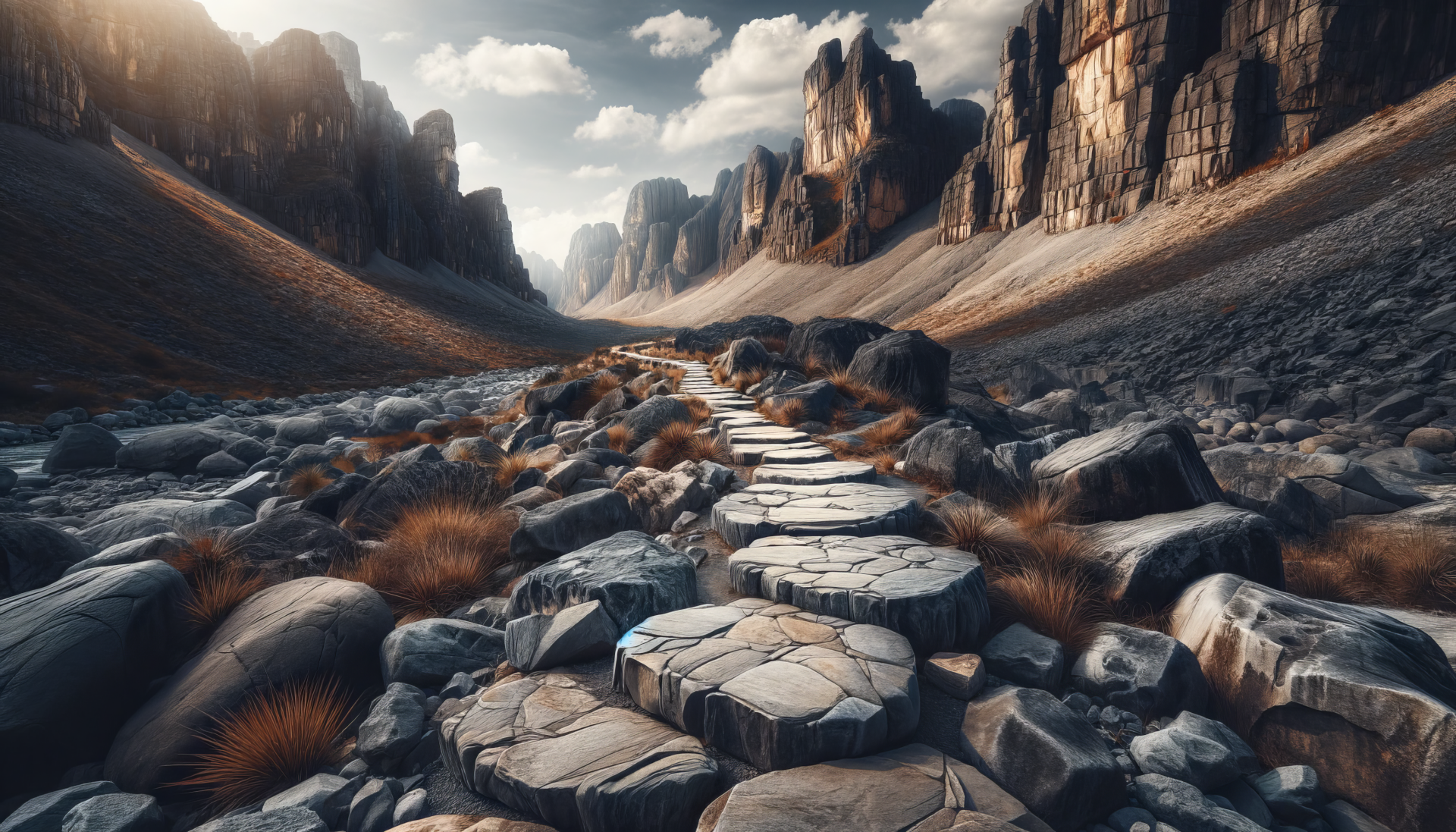 HD wallpaper of a scenic hiking trail through a rocky canyon with stepping stones and dramatic cliffs under a partly cloudy sky.