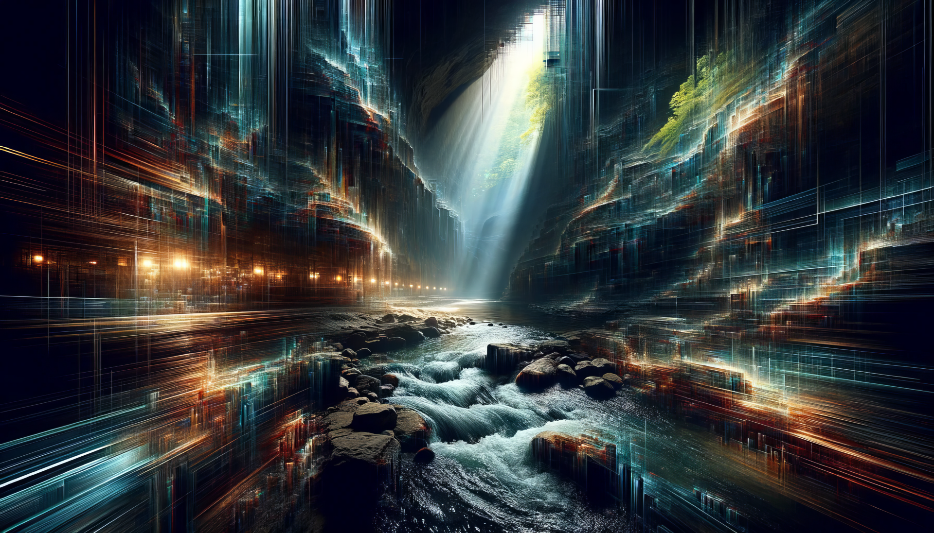 HD desktop wallpaper featuring an enchanting underground river flowing through a majestic, illuminated cave.