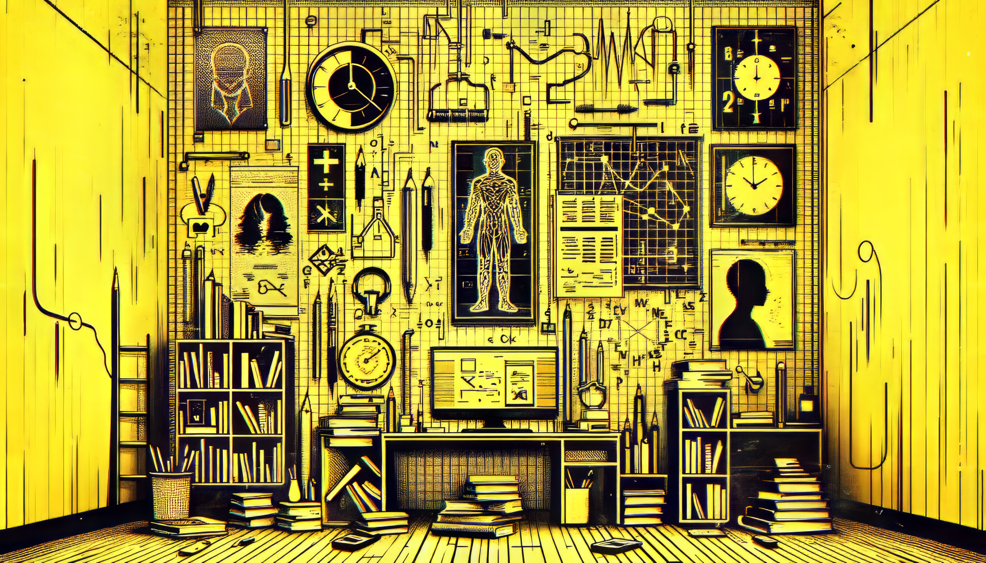 A vibrant yellow-themed HD wallpaper featuring a cluttered study space adorned with clocks, anatomical diagrams, books, and various study tools, creating an inspiring homework environment.