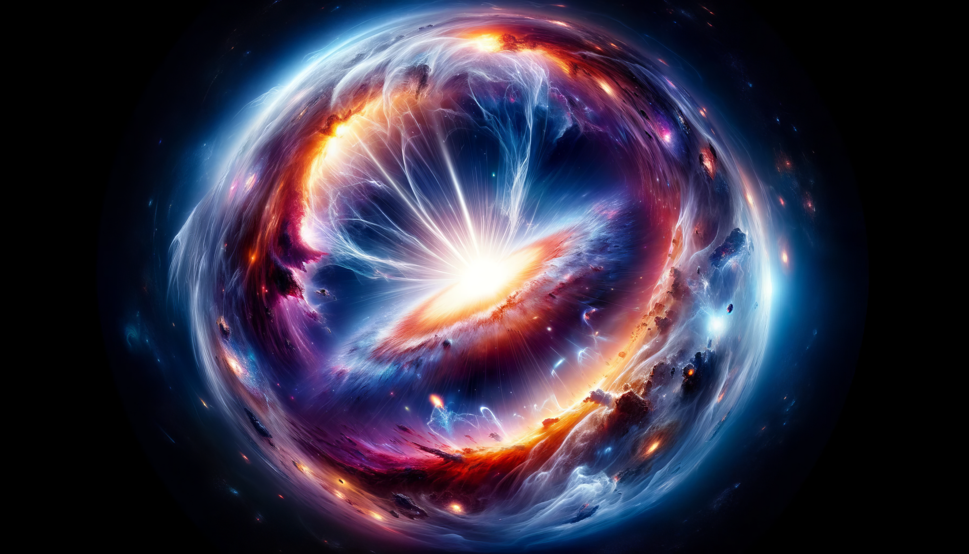 Stunning HD Big Bang cosmic illustration for desktop wallpaper and background featuring vibrant colors and swirling galactic energy.