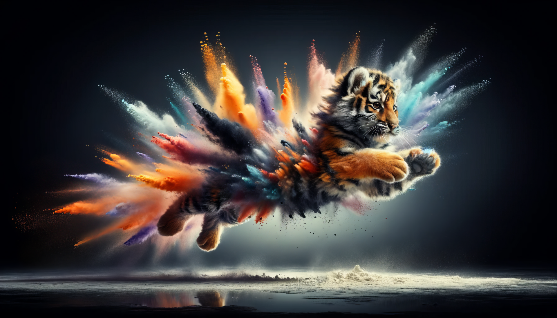 A dynamic and colorful HD wallpaper featuring a tiger cub leaping through vibrant clouds of powder, showcasing a playful and energetic scene.