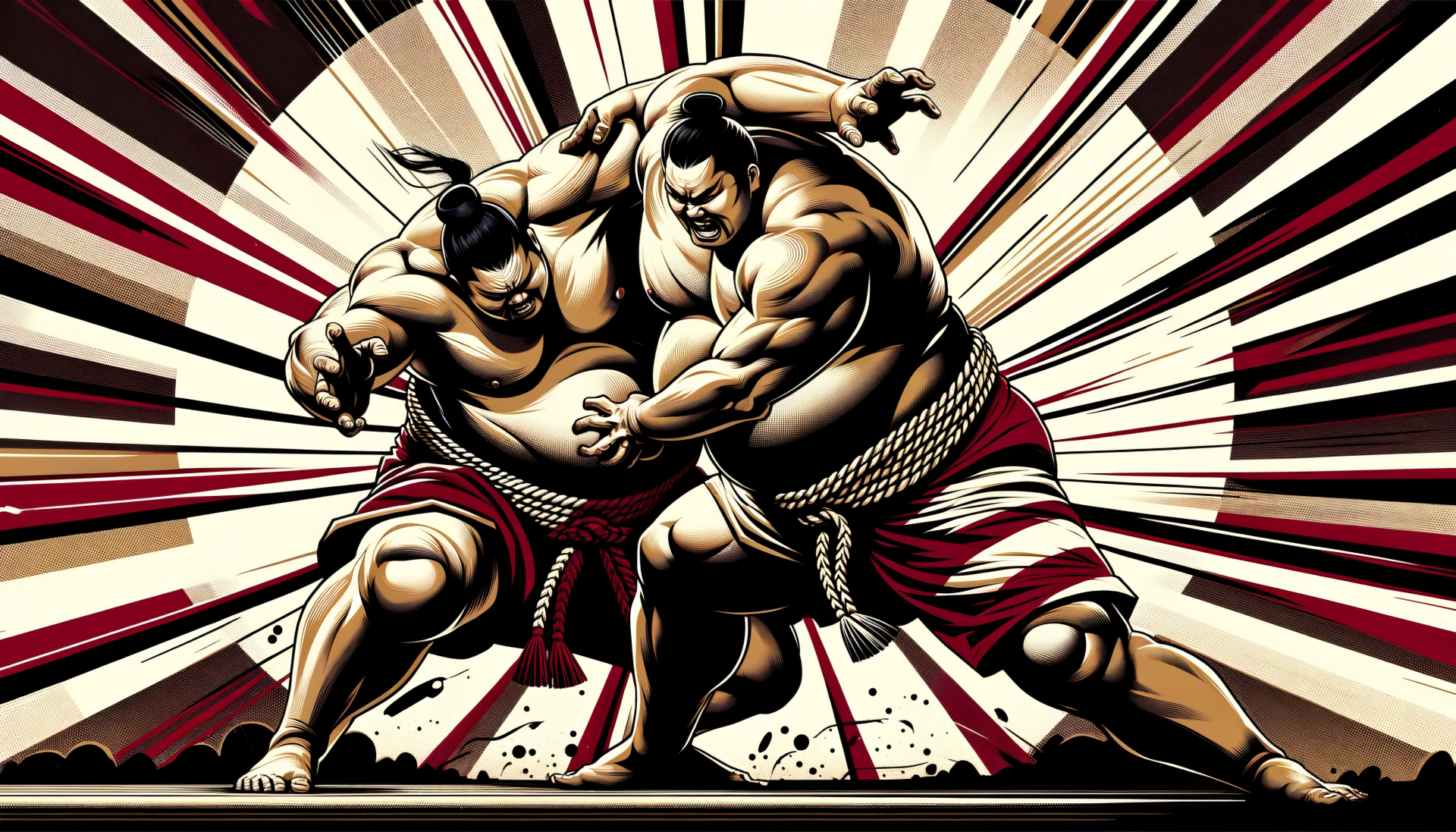 Two sumo wrestlers engage in a dynamic clash, surrounded by vibrant, explosive backgrounds. This HD image serves as a striking desktop wallpaper.
