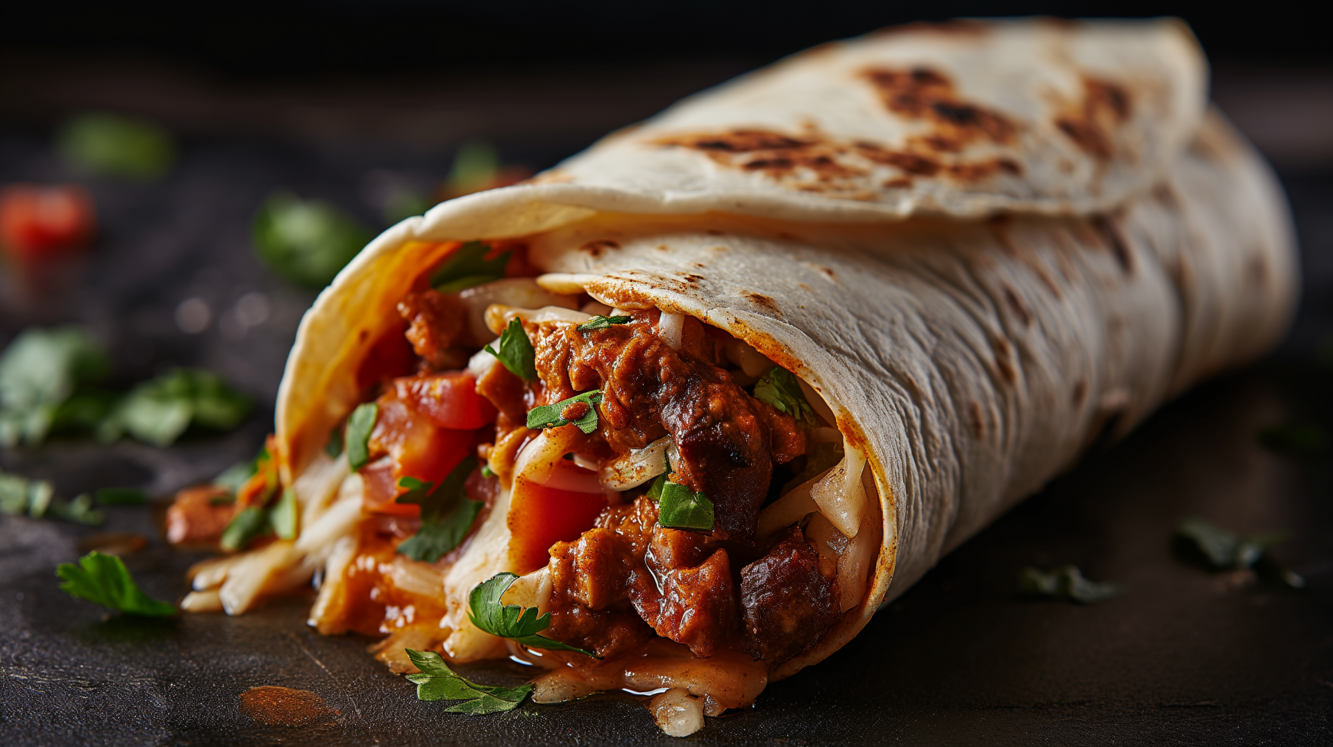 A close-up of a delicious burrito, stuffed with meat, tomatoes, and greens, beautifully presented on a dark surface, making for an enticing HD desktop wallpaper background.