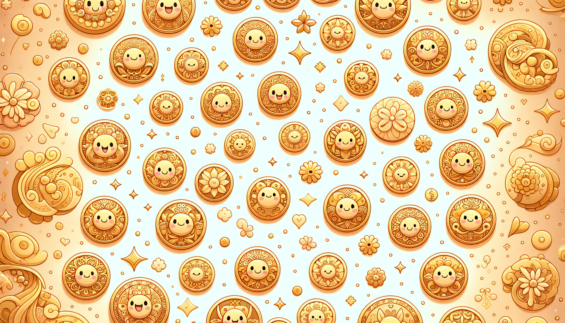 A vibrant HD desktop wallpaper featuring an assortment of whimsical gold coins with various designs against a light background.