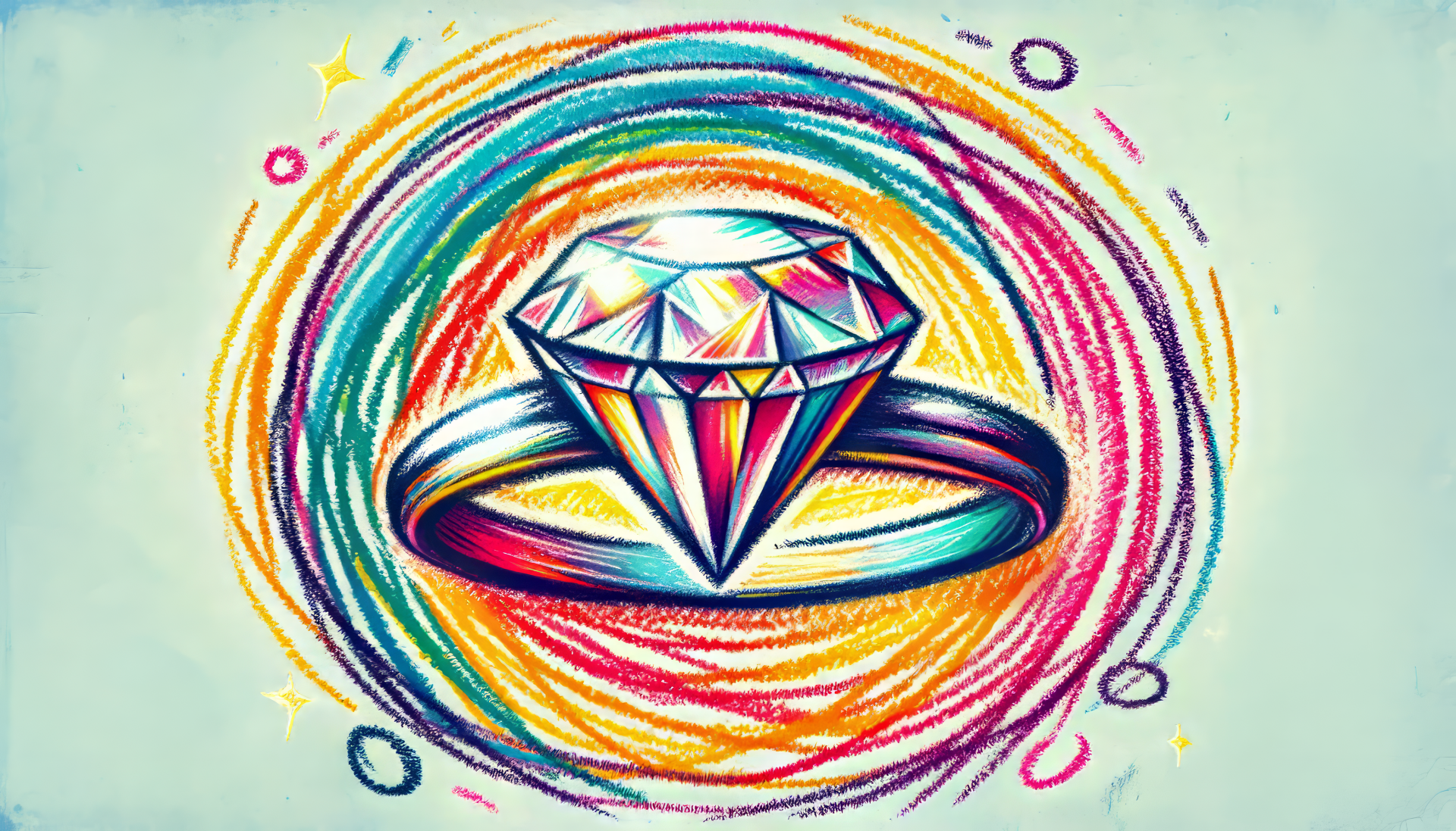 Colorful HD desktop wallpaper featuring an artistic illustration of a sparkling diamond ring with vibrant rainbow swirls and twinkling stars in the background.