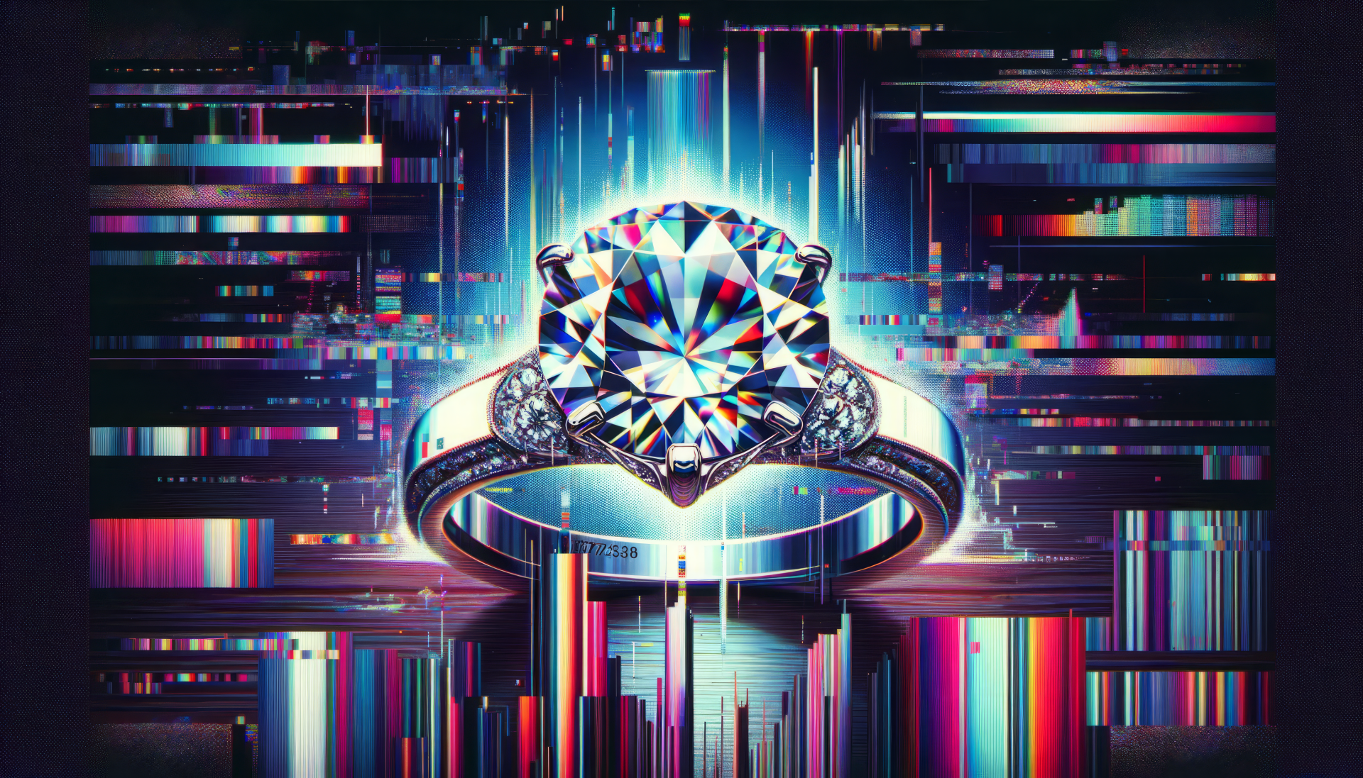 HD wallpaper featuring an exquisite diamond ring with a glimmering gemstone set against a vibrant abstract digital background.
