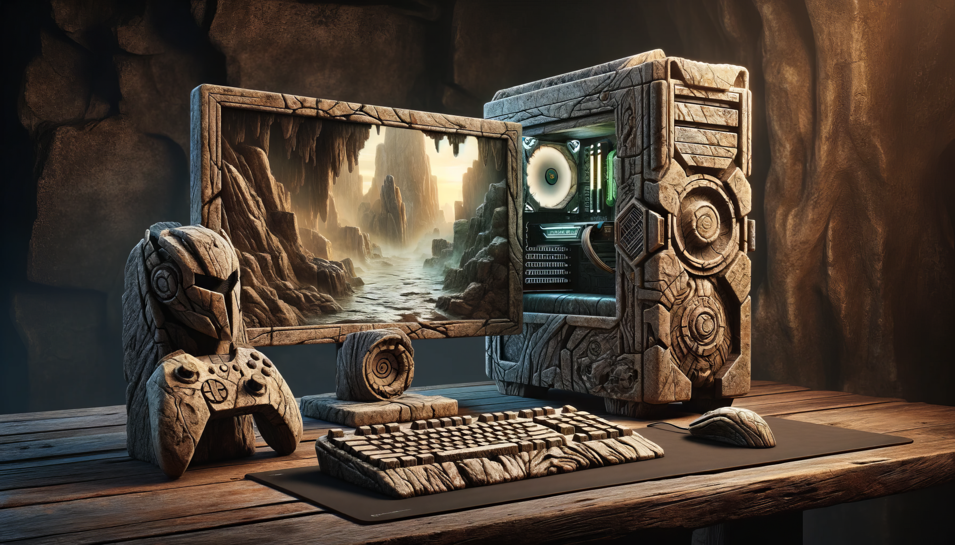 HD desktop wallpaper featuring an artistically designed gaming PC setup with a stone-themed case and monitor on a wooden desk.