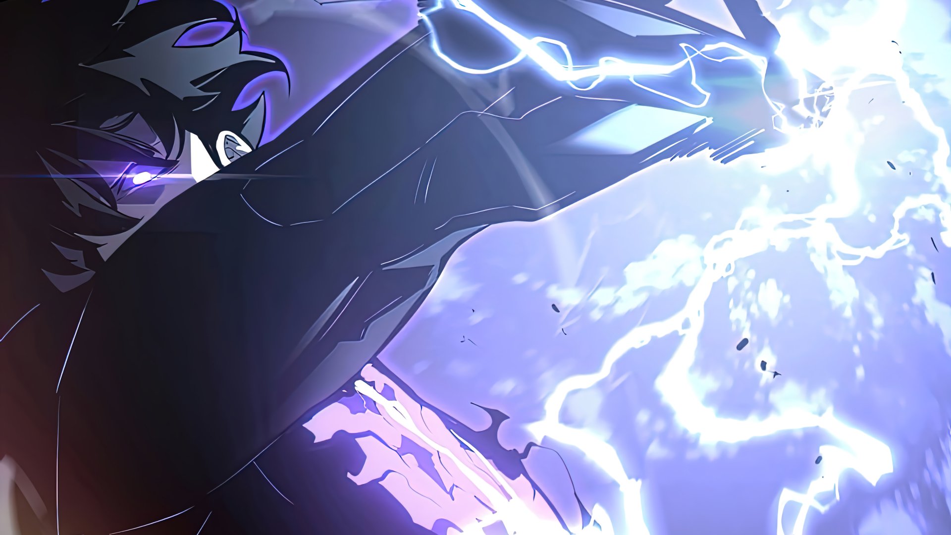 Sung Jin-Woo from Solo Leveling channels energy in this striking HD anime wallpaper, featuring dynamic lightning effects and an intense action pose.