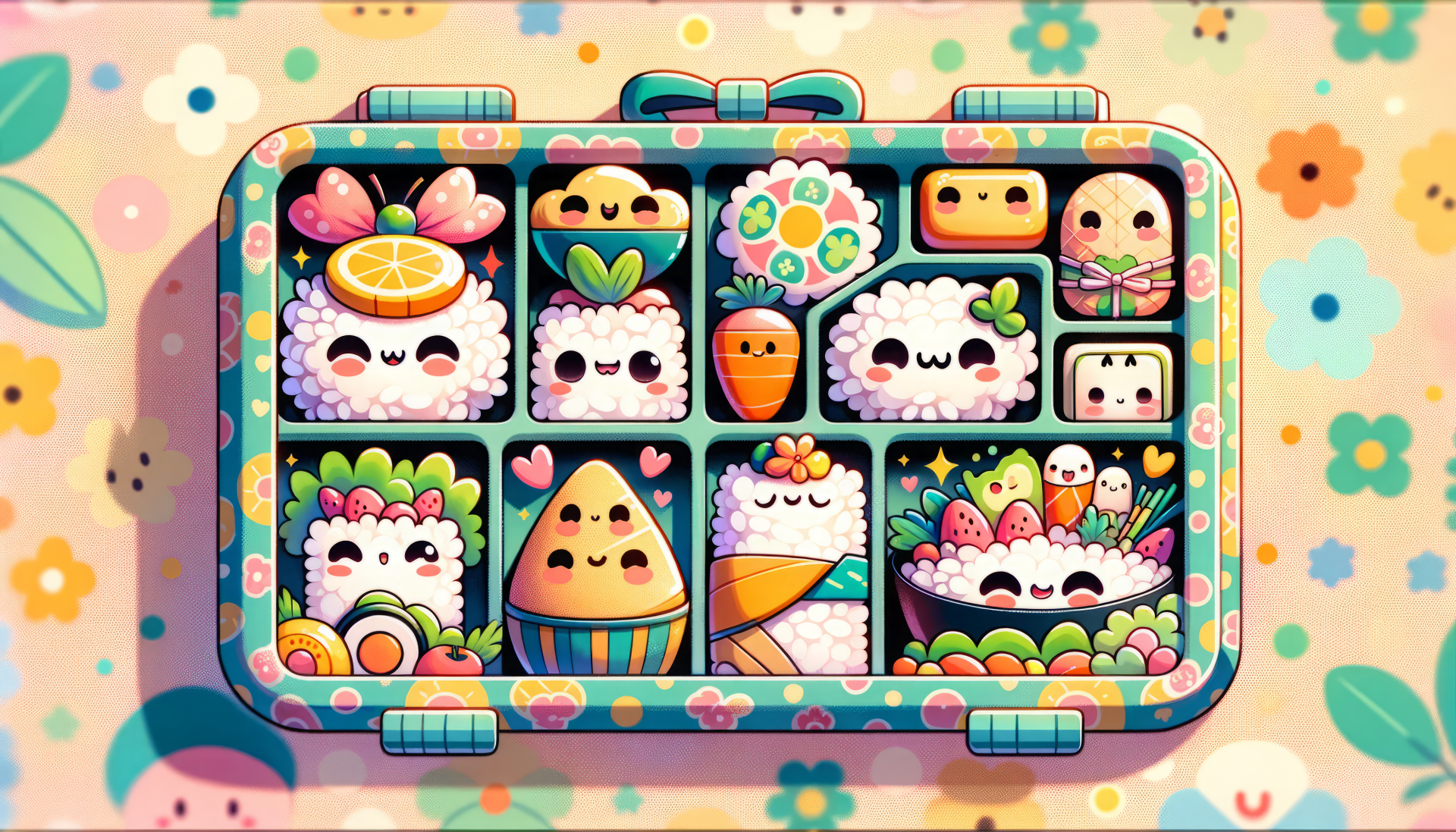 Colorful animated bento box HD desktop wallpaper with cute food characters and floral background.