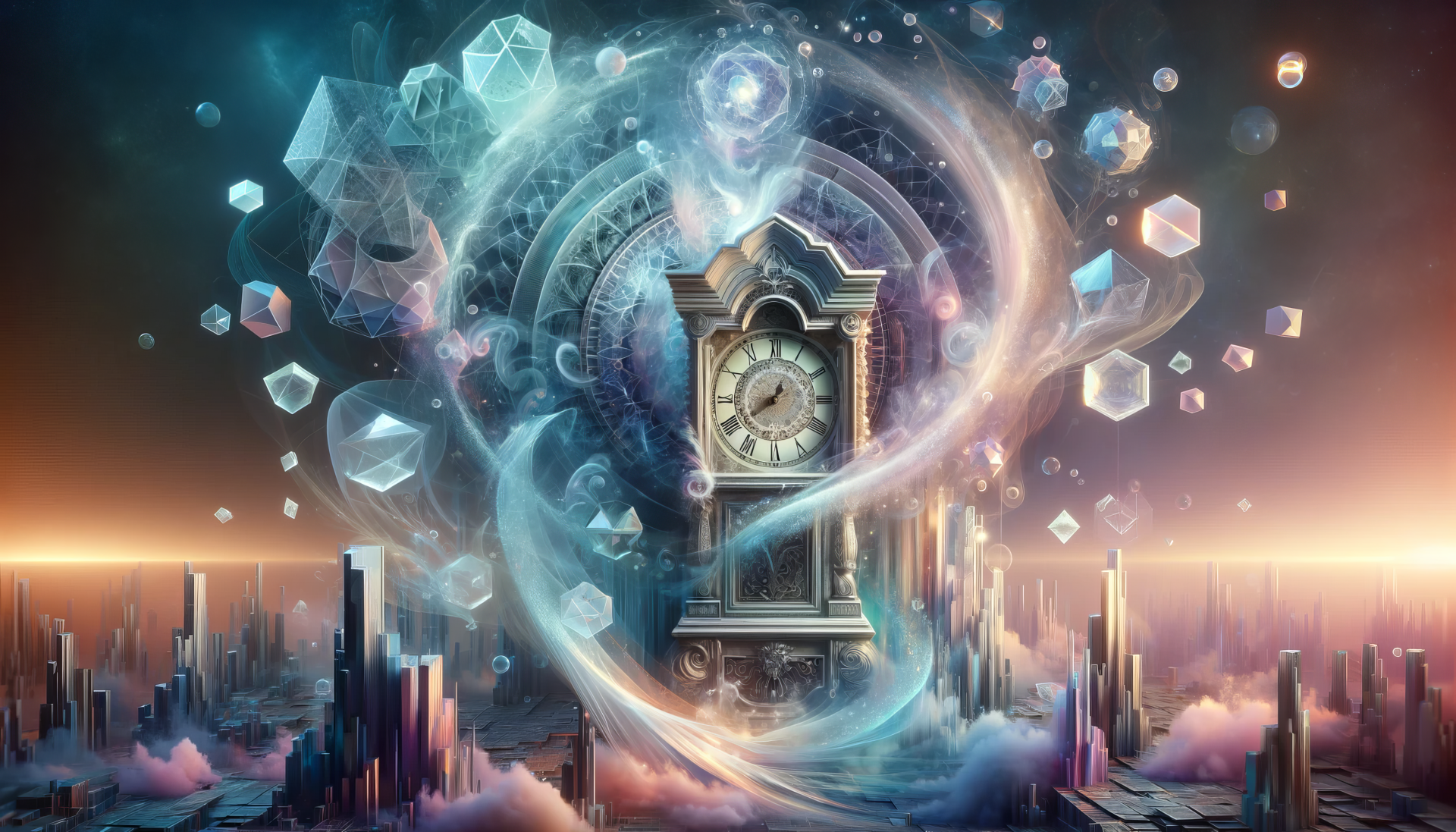 HD desktop wallpaper featuring a mystical grandfather clock surrounded by a cosmic energy swirl and floating geometric shapes.
