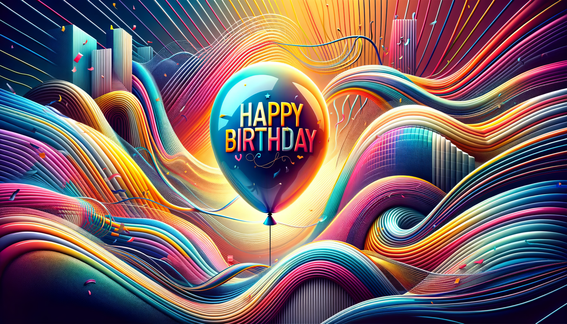 Colorful Happy Birthday balloon with dynamic abstract lines on HD desktop wallpaper background.