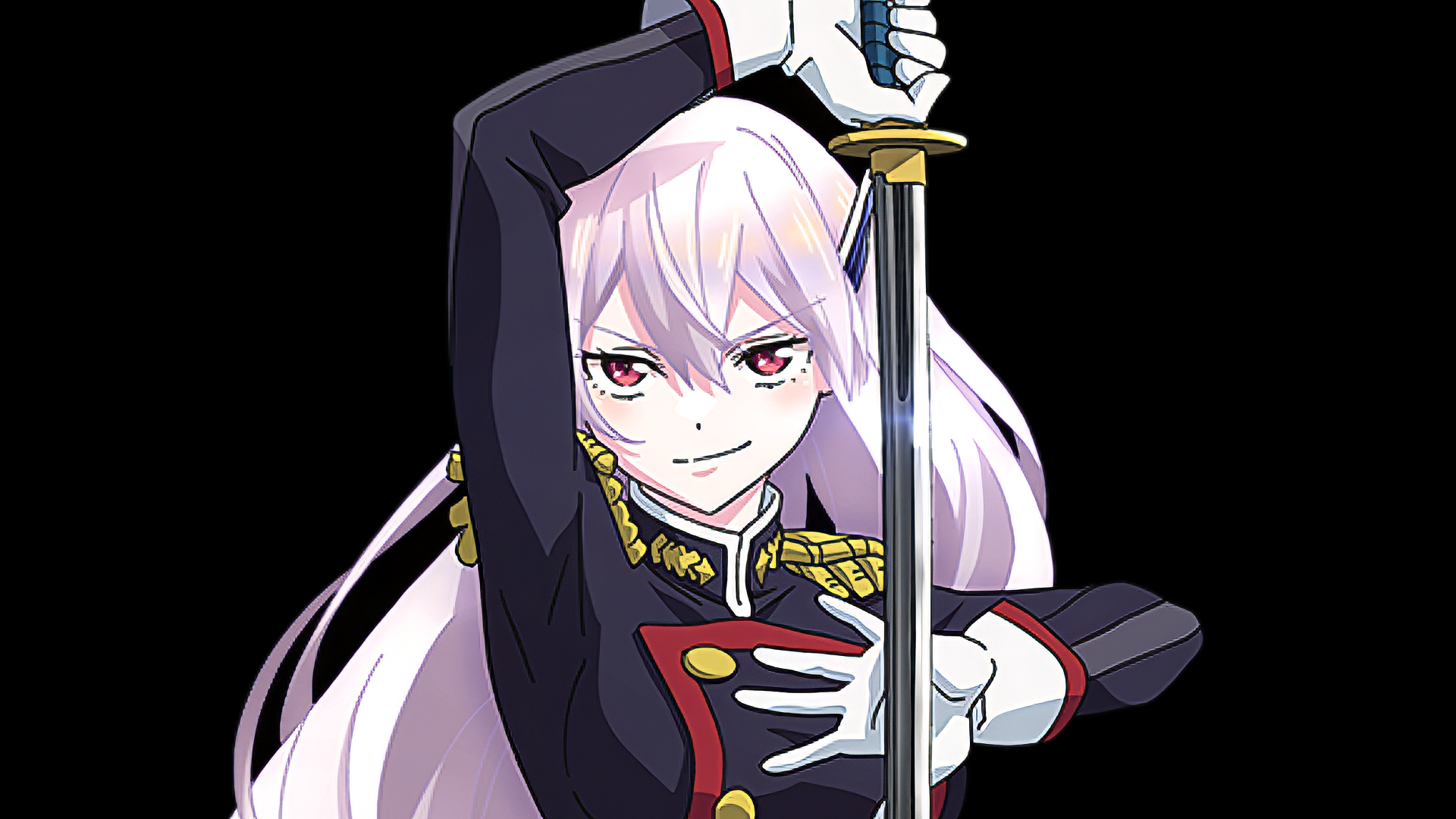 A dynamic HD wallpaper featuring Kyouka Uzen from the anime Chained Soldier, poised with a sword, showcasing her fierce expression and striking military-inspired attire against a black background.