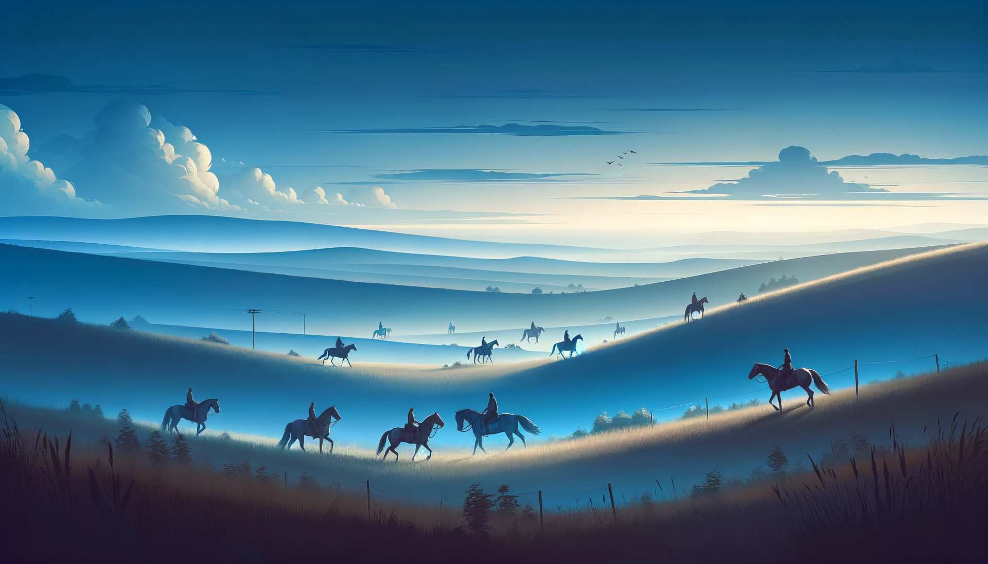 Silhouette of horseback riders traversing rolling hills at twilight, HD desktop wallpaper and background tagged with horseback riding.