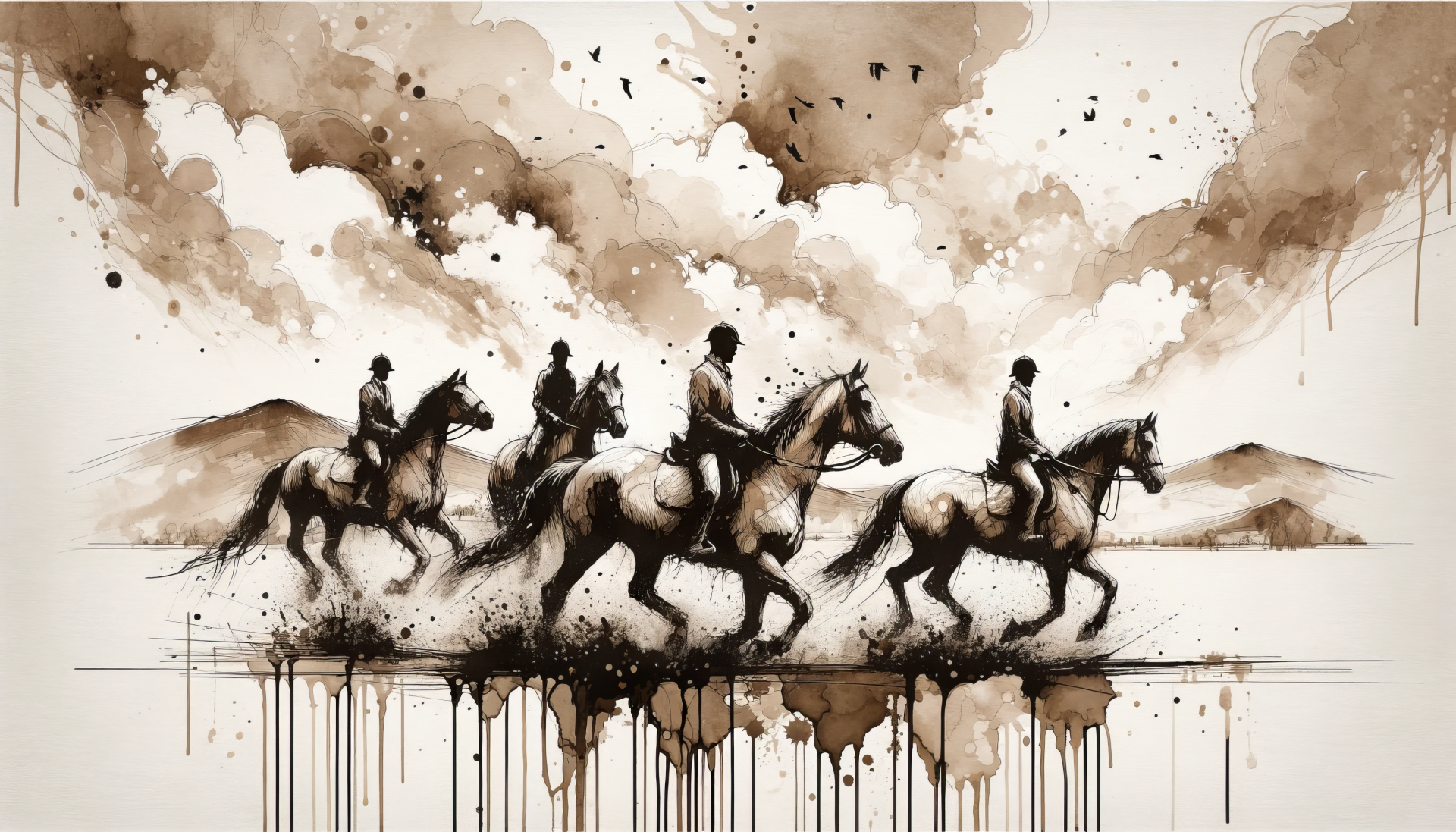 Artistic HD wallpaper featuring a sepia-toned watercolor painting of horseback riders in motion with a splattered ink effect against a backdrop of mountains.