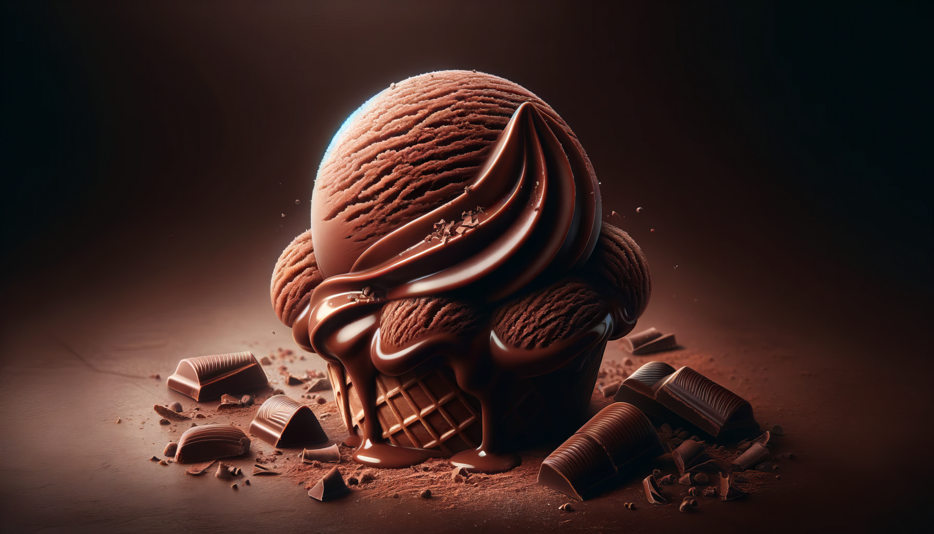 A rich chocolate ice cream cone sits atop a bed of chocolate shavings and pieces, creating a decadent and inviting HD desktop wallpaper background.