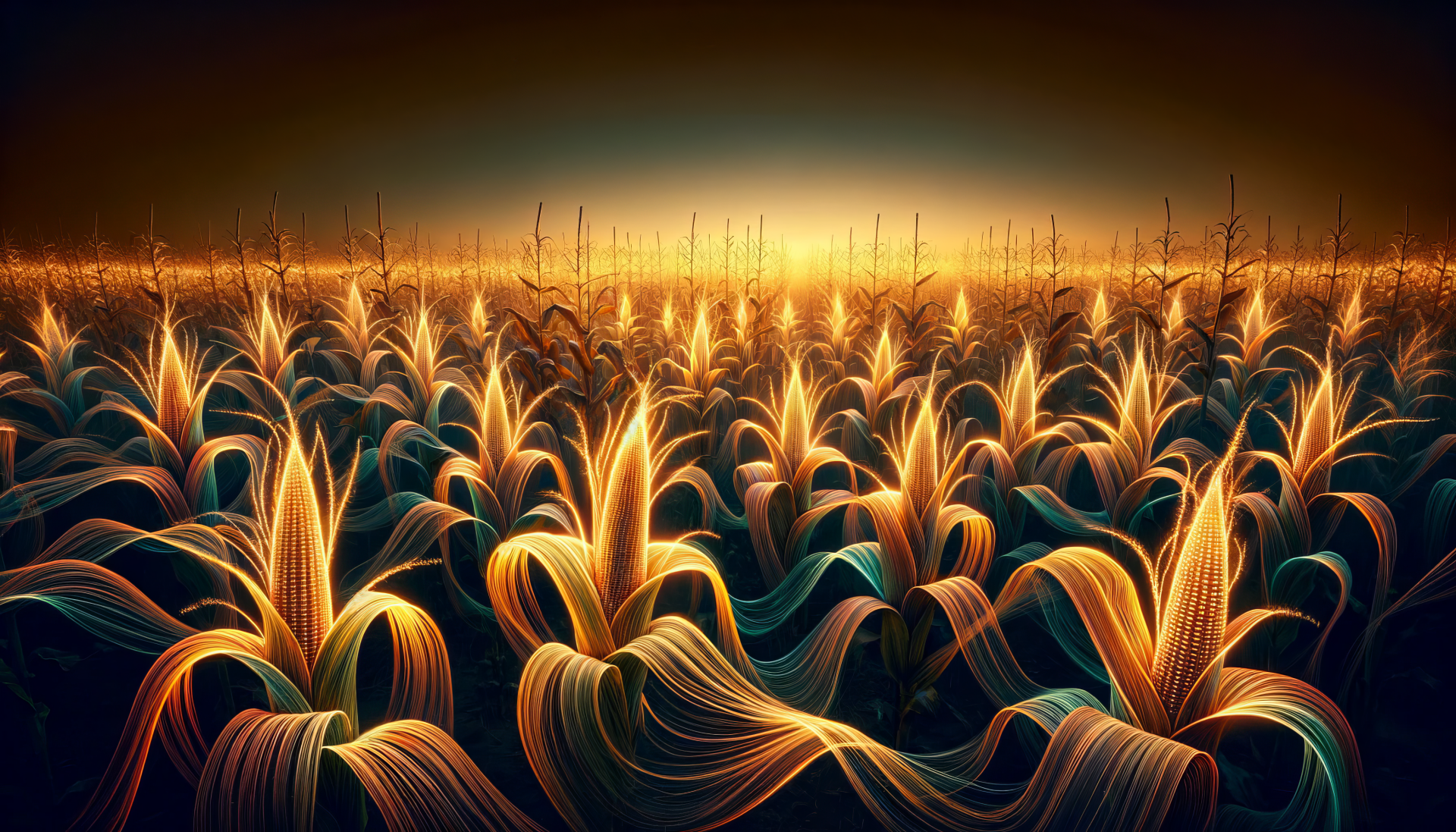 A stunning HD wallpaper of a corn field at sunset, featuring vibrant corn stalks illuminated by a warm golden hue, creating a mesmerizing and tranquil landscape.