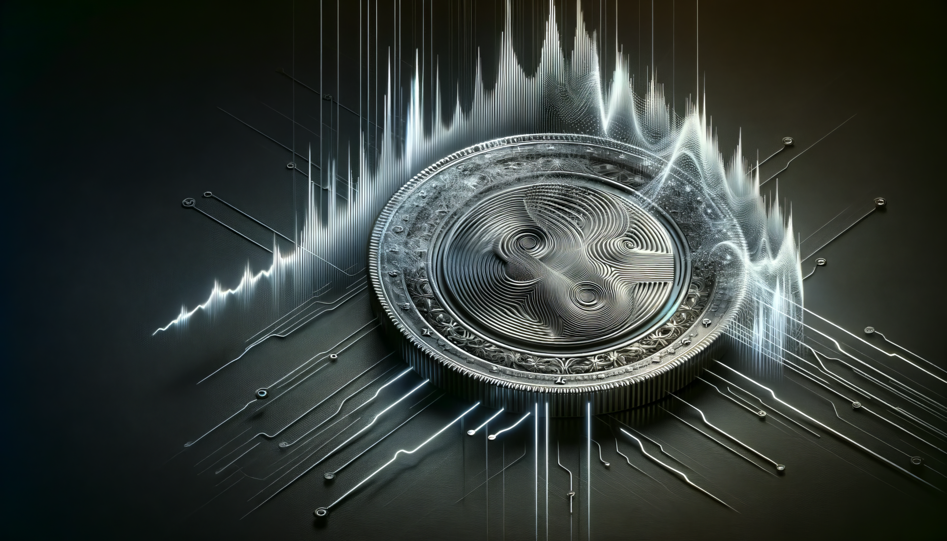 A detailed silver coin centered in a dark background, surrounded by a dynamic wave pattern, creating a striking HD desktop wallpaper and background.