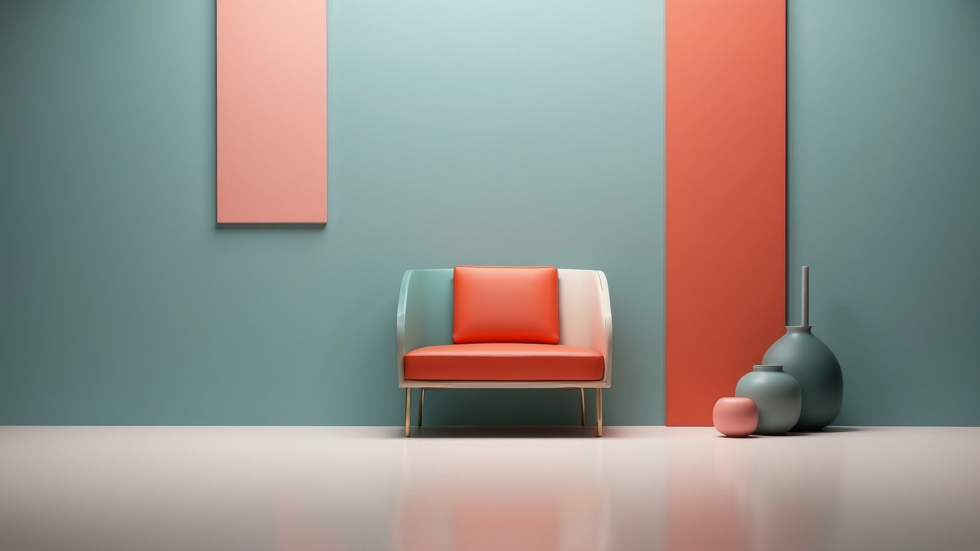 Modern living room interior featuring minimalist decor with a sleek armchair in a soft color palette, complemented by geometric wall panels and sculptural accents.