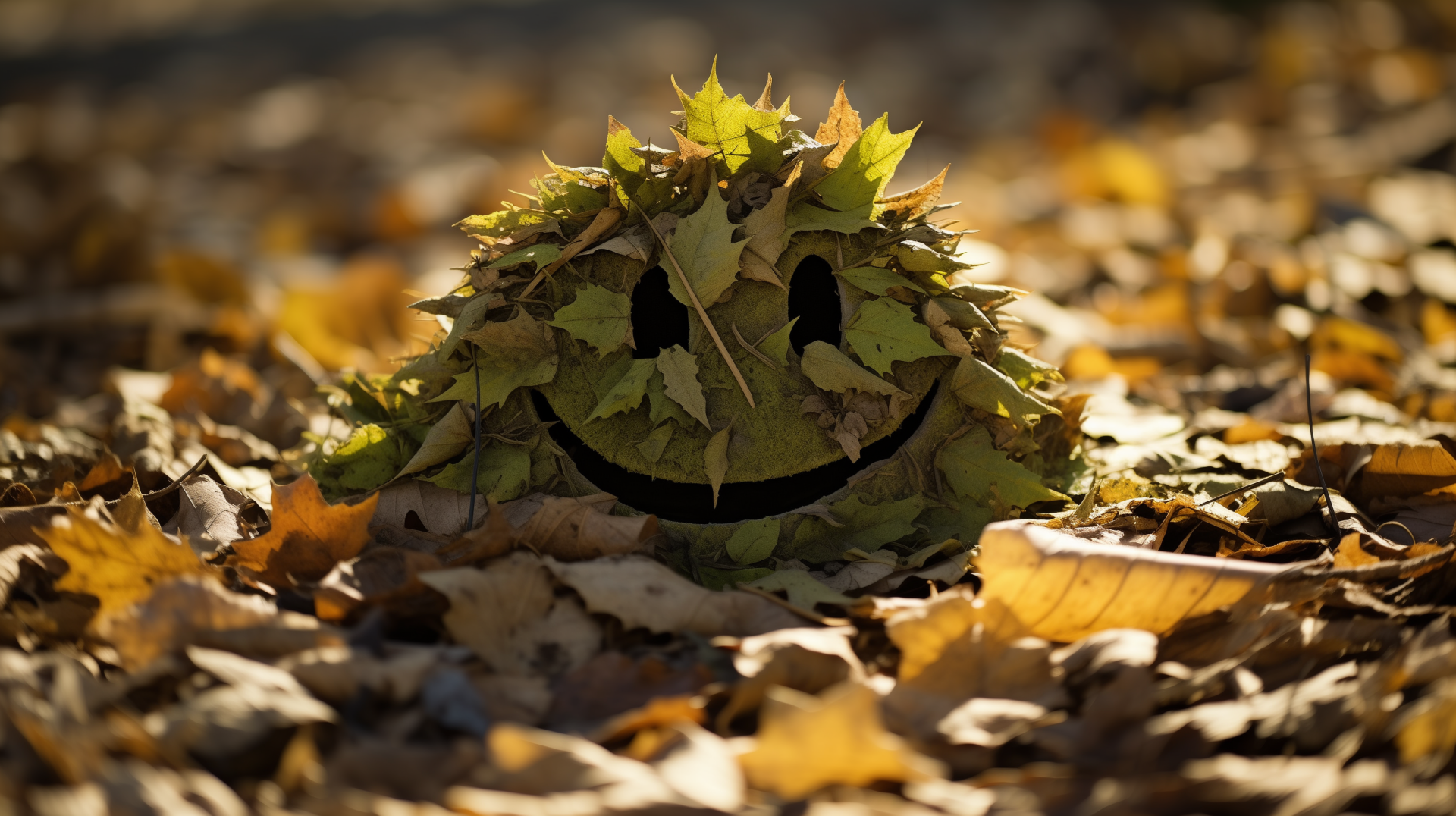 HD desktop wallpaper of a creative happy face made from autumn leaves on the ground, symbolizing joy in fall season.