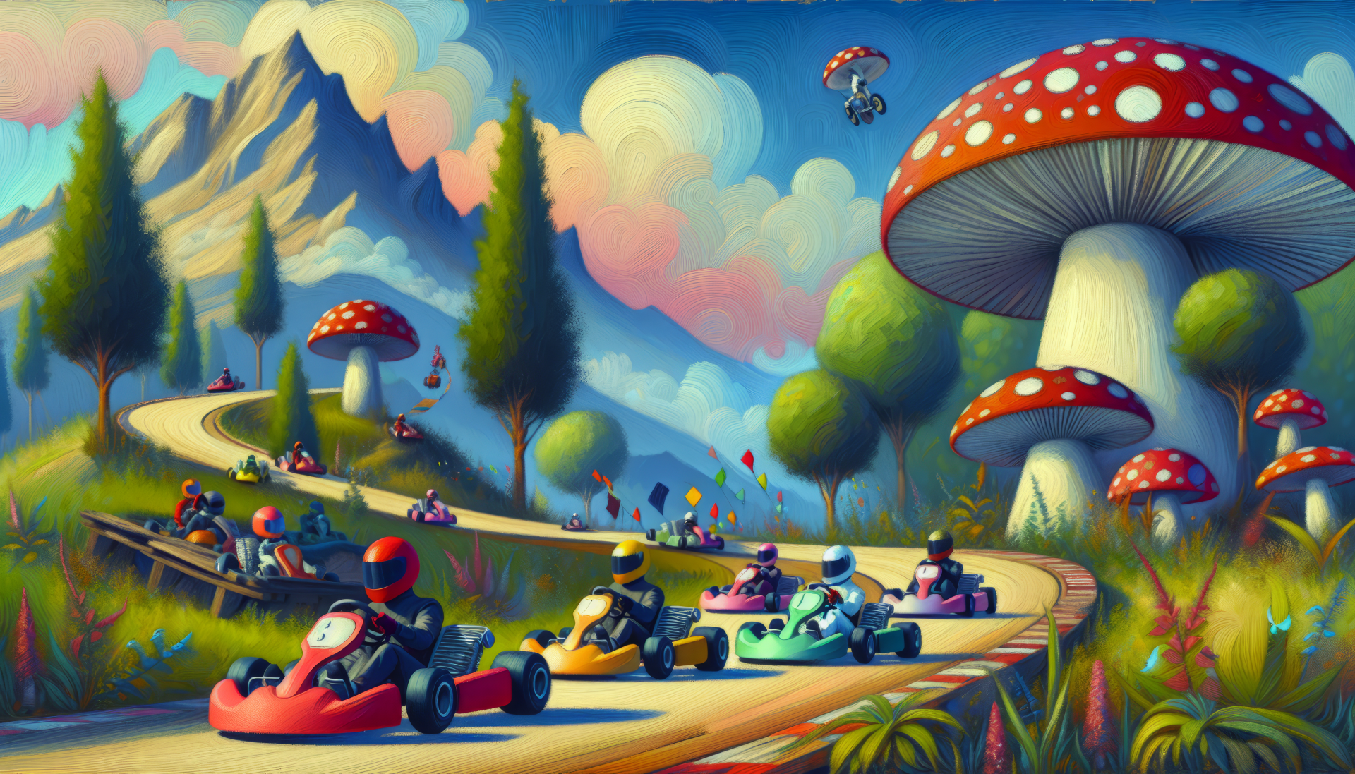 HD desktop wallpaper featuring Mario Kart characters racing on a vibrant mushroom track with scenic mountain background.