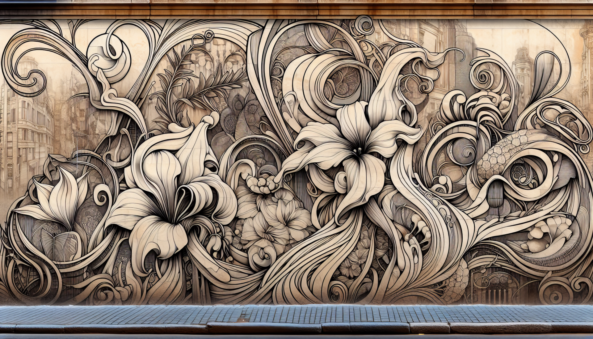Intricate street art mural with floral patterns as HD desktop wallpaper background.