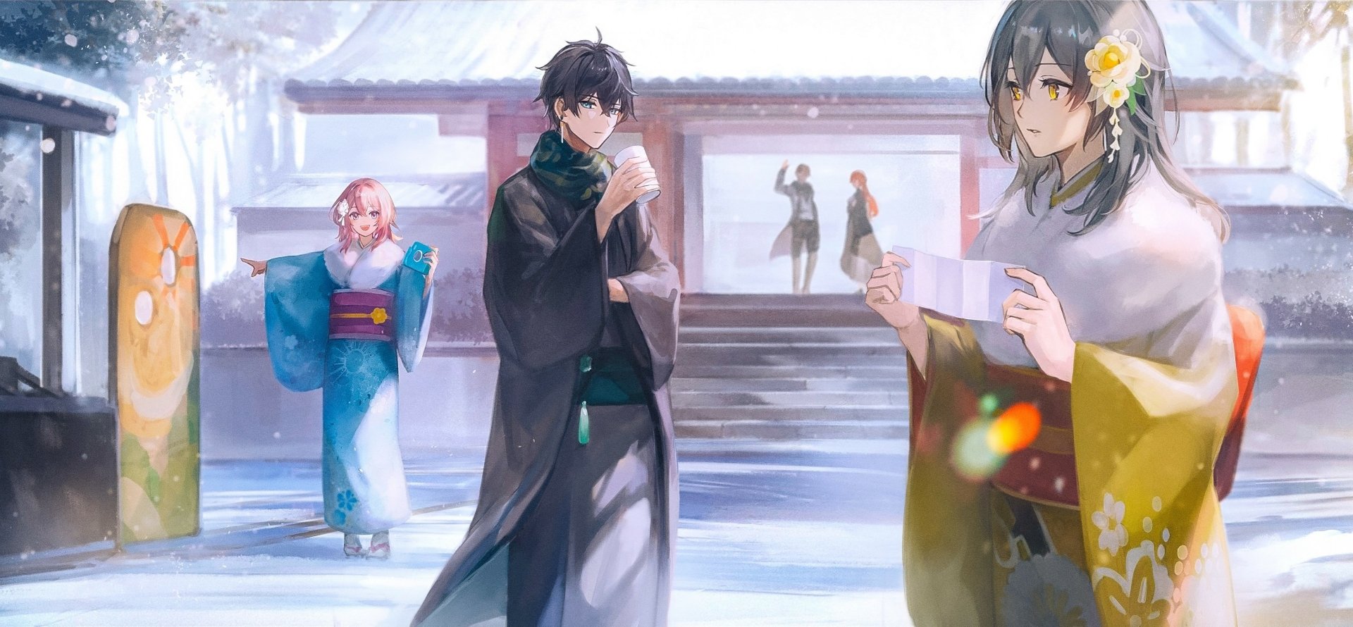 2K Quad HD PC desktop wallpaper of Honkai: Star Rail — Stelle and Dan Heng in kimonos at a snowy shrine celebrating March 7th, warm lantern light and drifting snow.