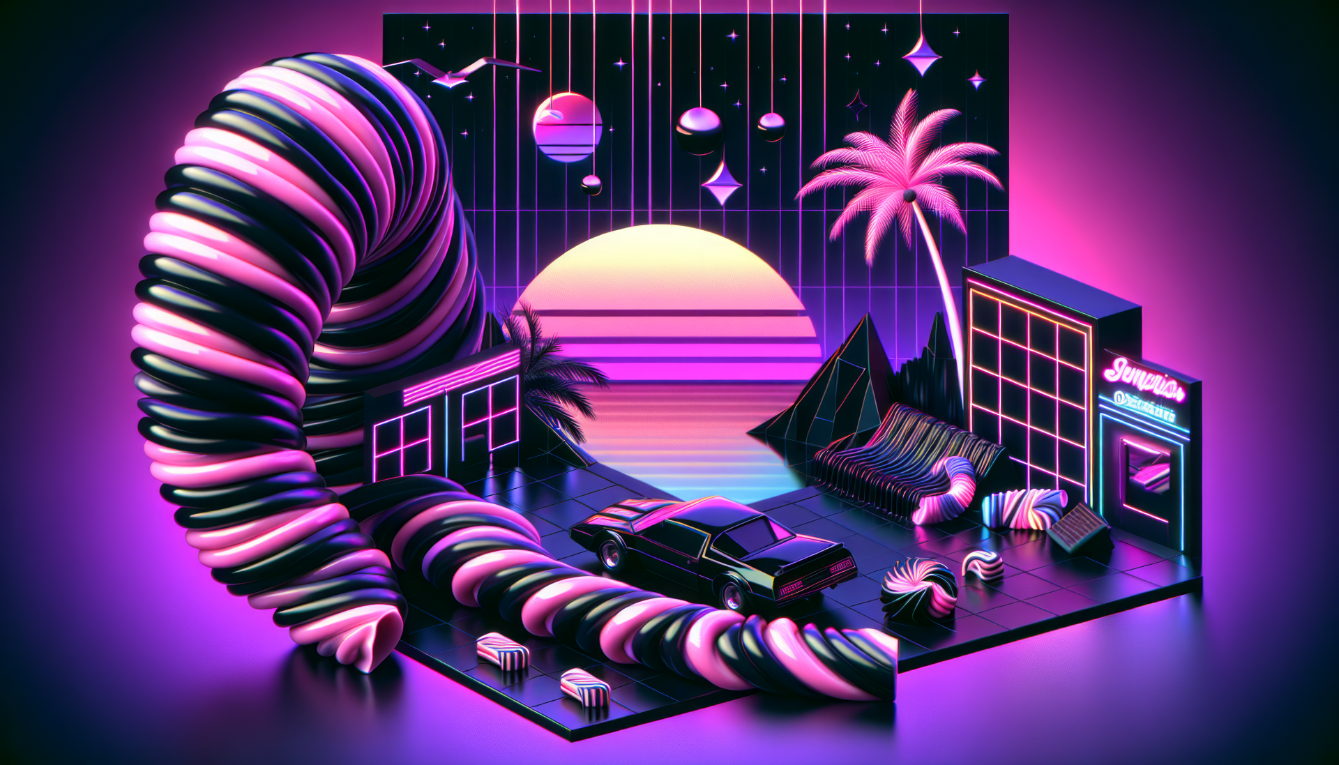 HD desktop wallpaper featuring a vibrant retro-futuristic scene with licorice-inspired spirals, neon landscape, and sunset backdrop.