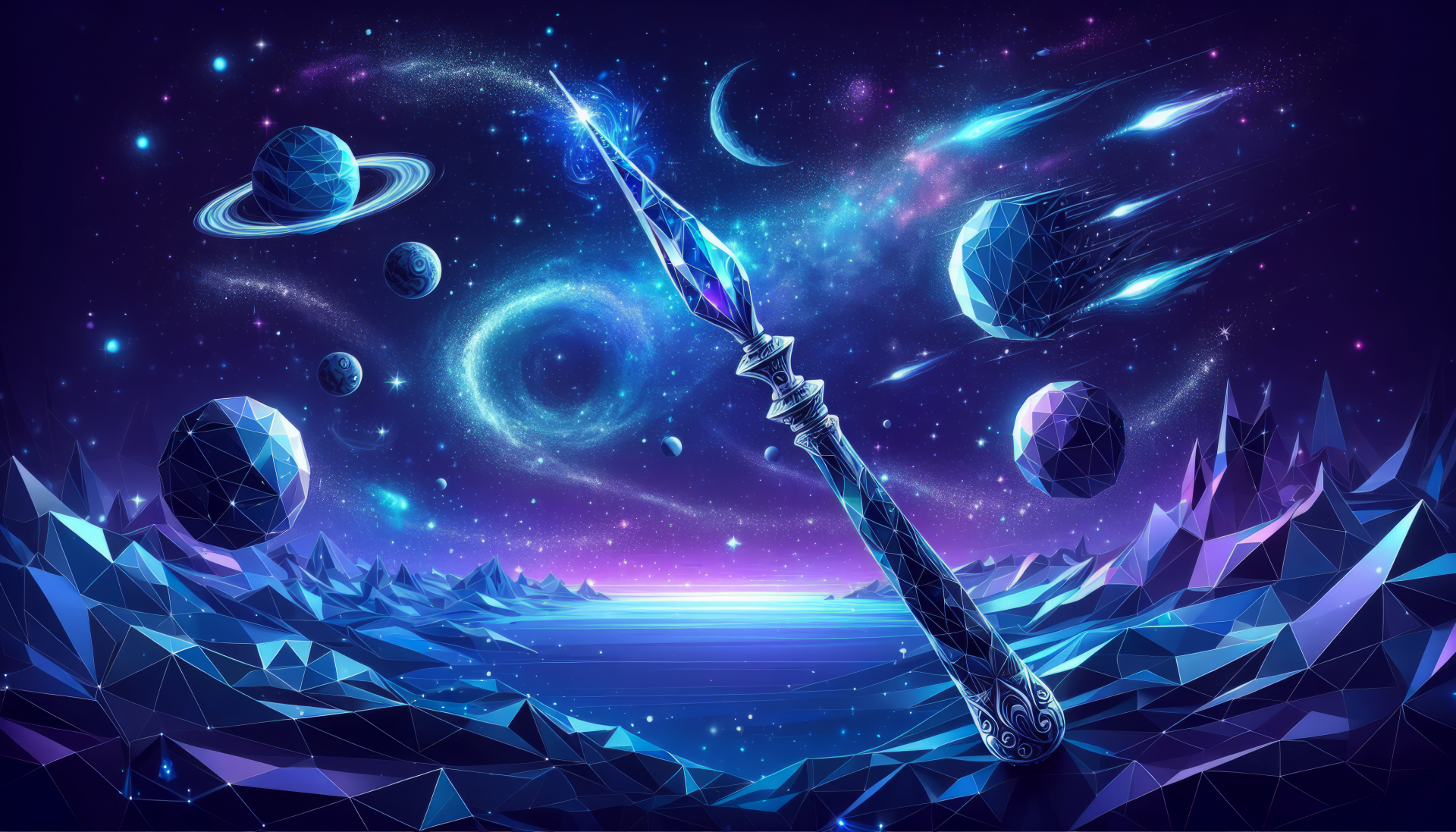 HD desktop wallpaper featuring a magical wand casting a spell with a vibrant cosmic background of planets and stars.