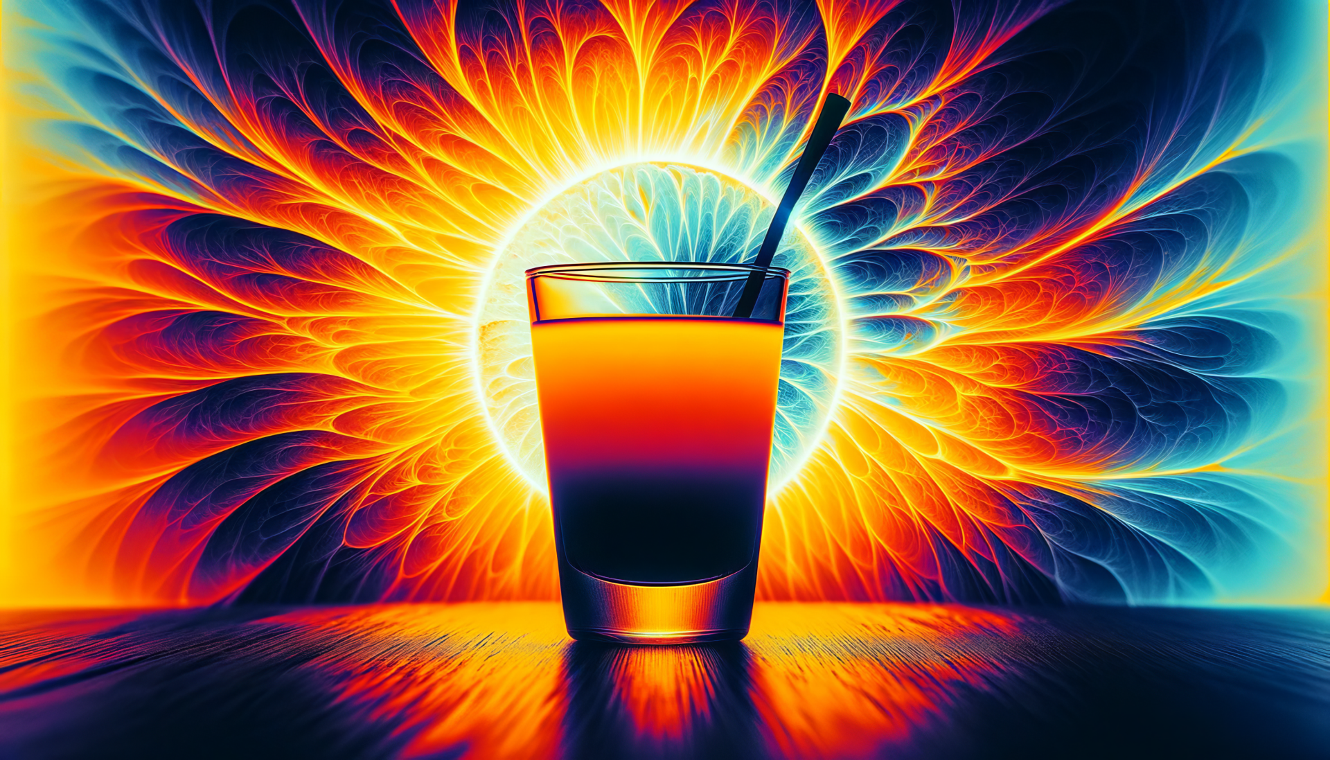 Vibrant HD desktop wallpaper featuring a glass of orange juice with a dynamic, colorful abstract background resembling a fiery sunrise.