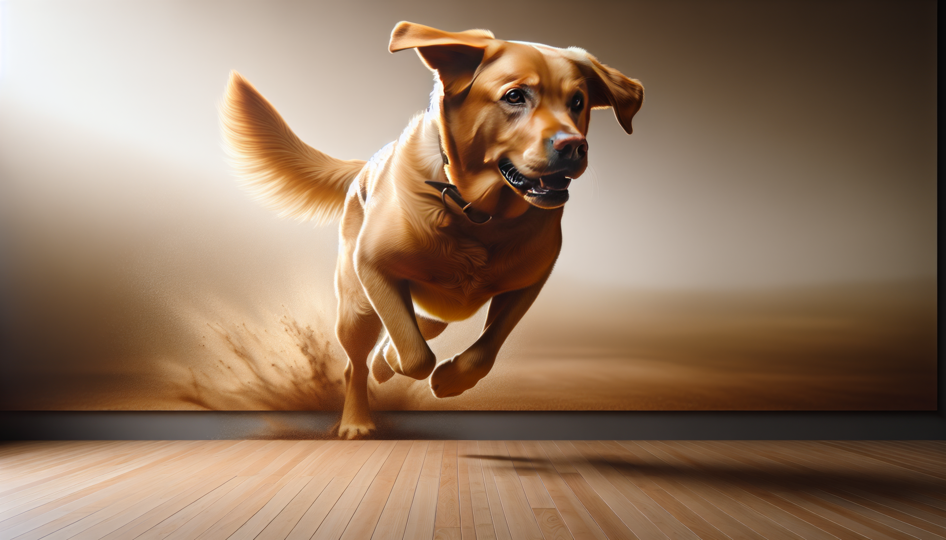 HD desktop wallpaper of a playful Labrador Retriever in mid-action, running on a wooden floor with a warm-toned background.
