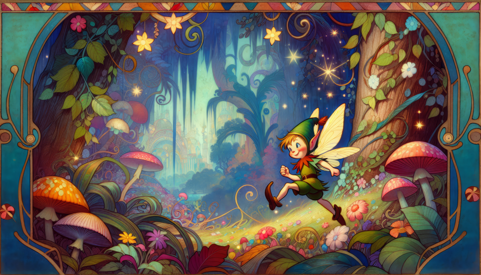 HD desktop wallpaper featuring a whimsical pixie flying through an enchanted forest with vibrant mushrooms and flowers.