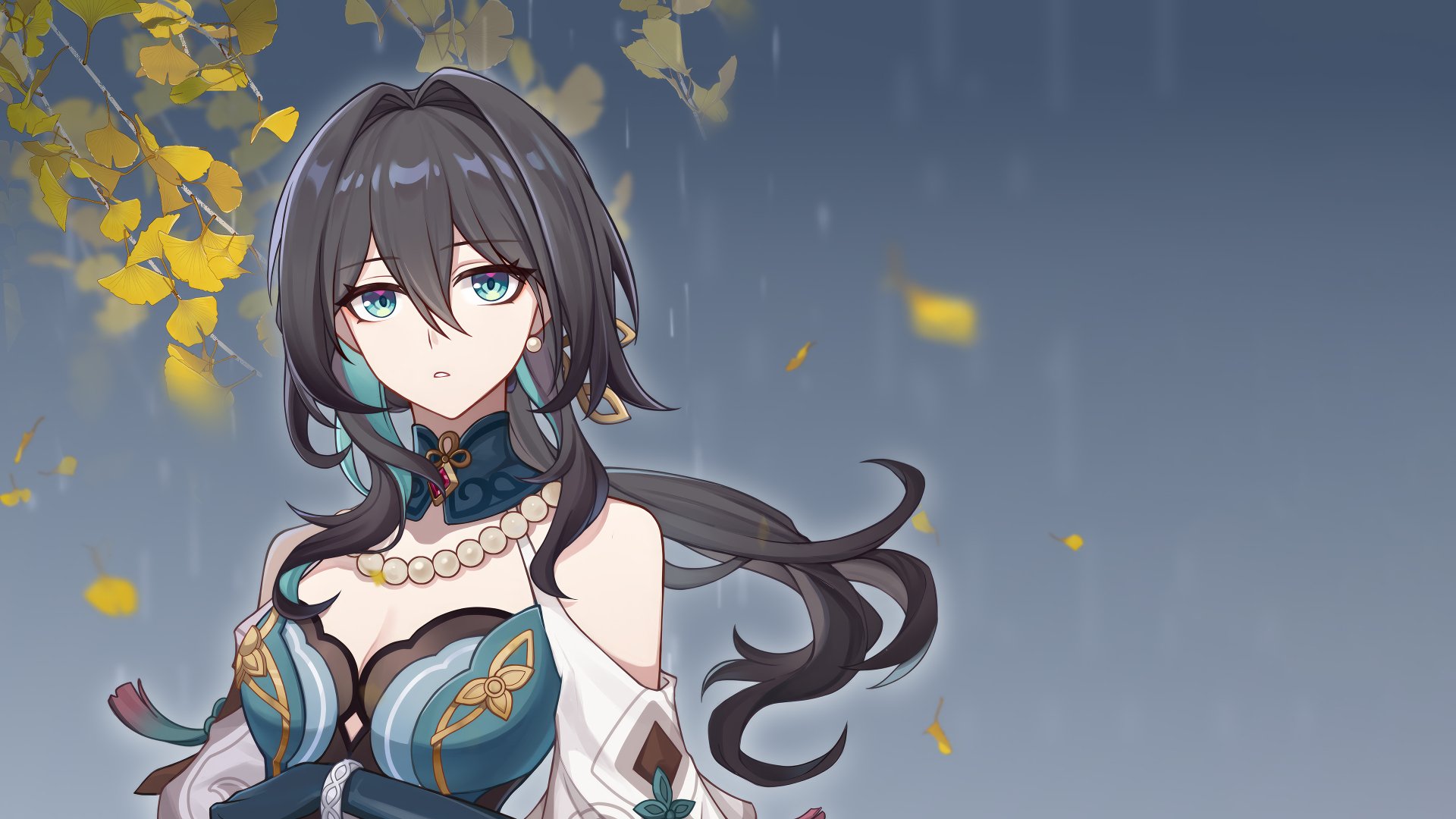 HD wallpaper of Ruan Mei from the video game Honkai: Star Rail, featuring the character with turquoise and white attire against a backdrop with yellow falling leaves.
