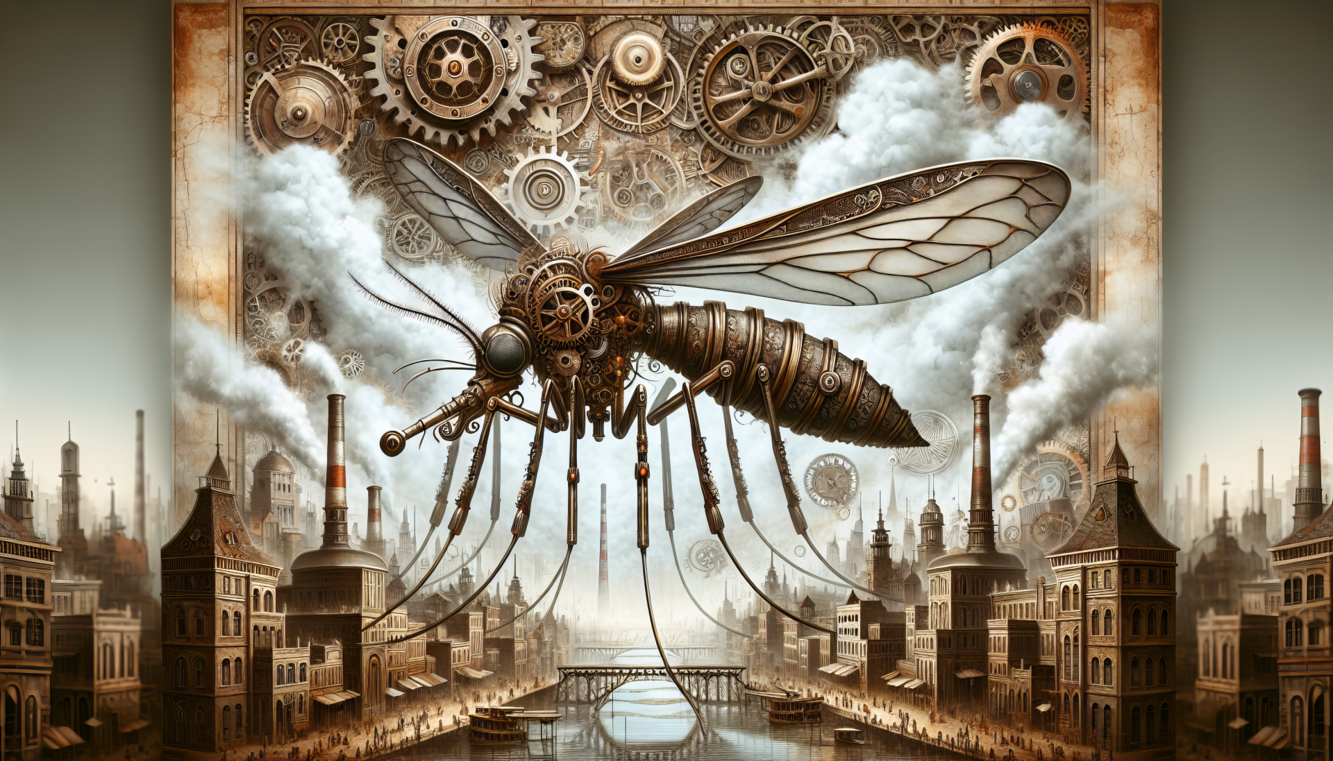 HD steampunk-themed desktop wallpaper featuring a mechanical mosquito flying over a cityscape with gears and smoke.