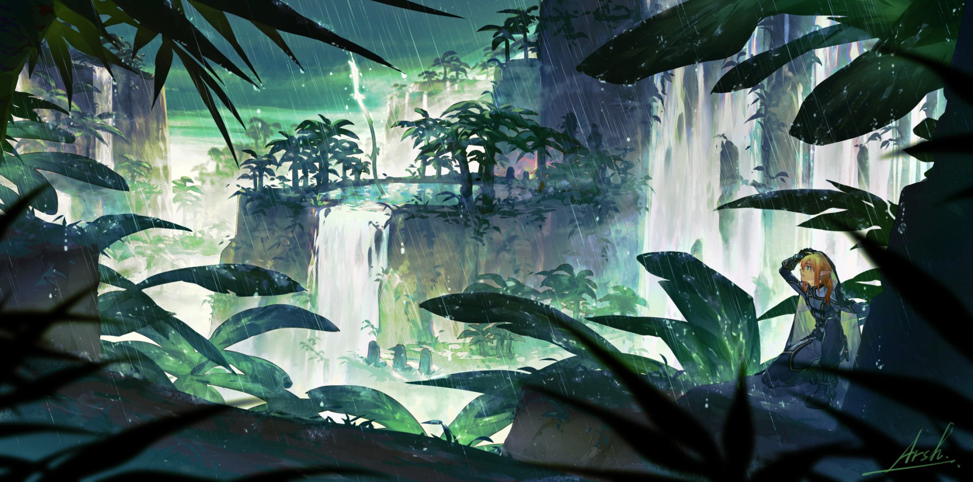 HD desktop wallpaper featuring Link from The Legend of Zelda: Breath of the Wild in a lush rainforest setting with waterfalls and ancient ruins.