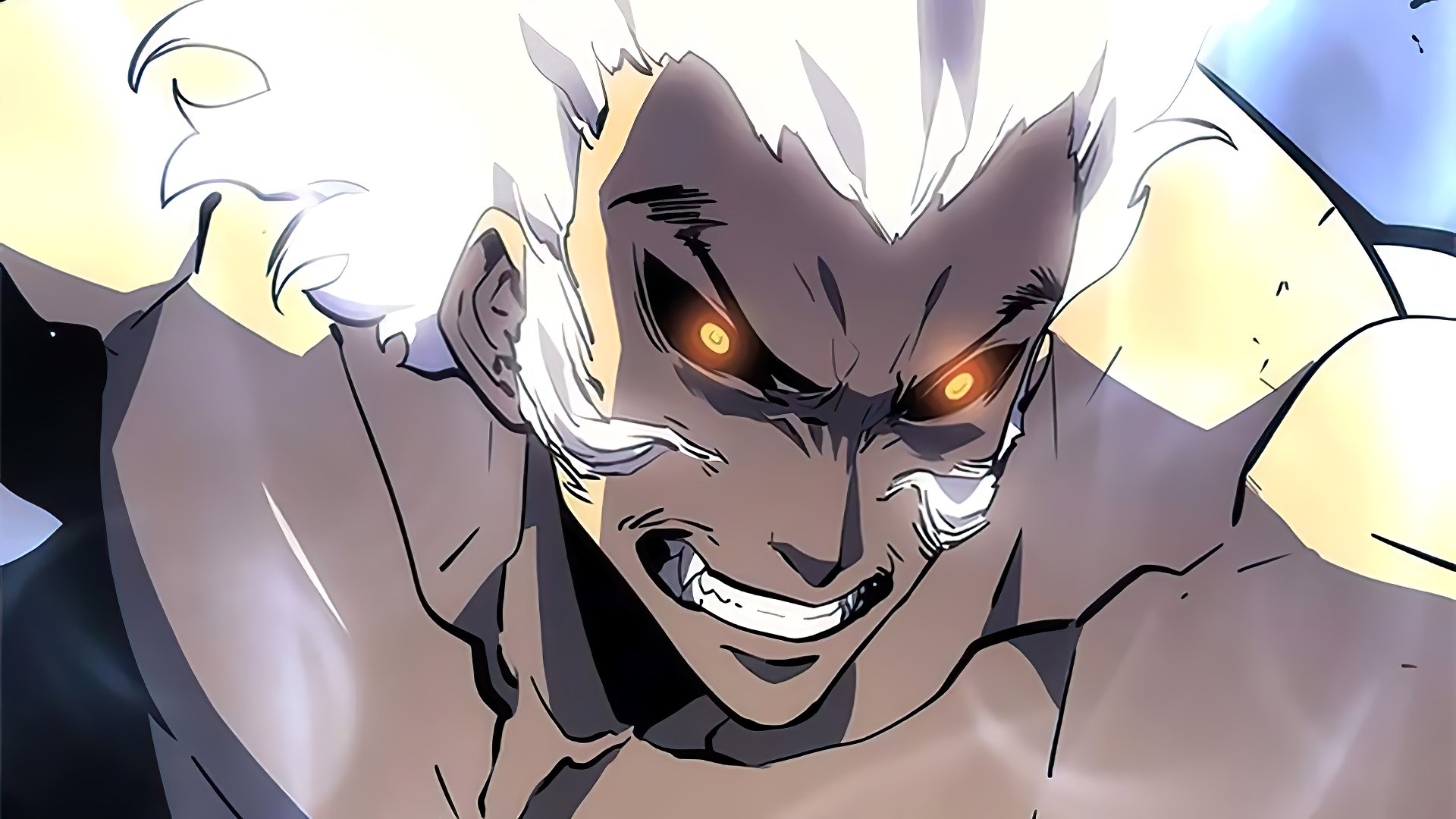 A dynamic HD desktop wallpaper featuring Baek Yoon-Ho from the anime Solo Leveling, showcasing an intense expression with glowing eyes and powerful energy.