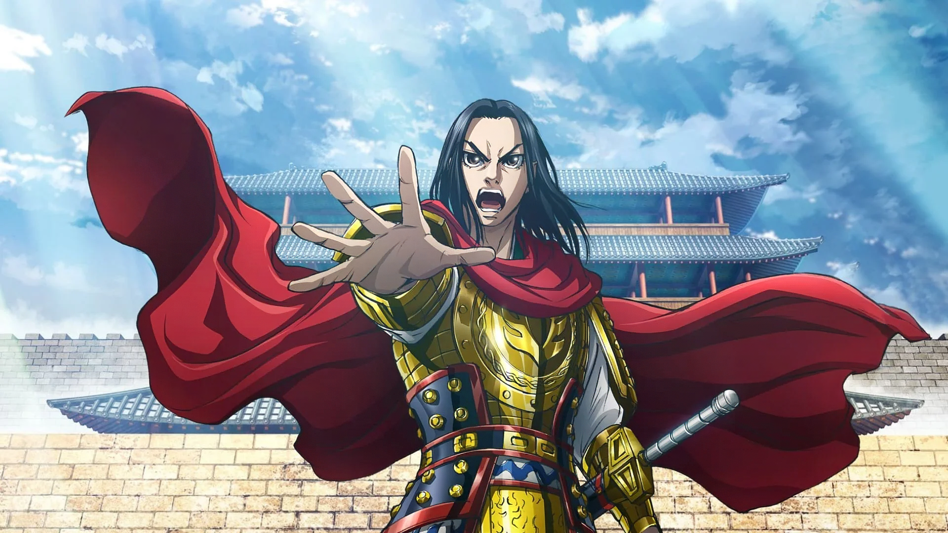 HD anime wallpaper from Kingdom featuring a commanding character in regal armor with a flowing red cape, set against an ancient palace backdrop.