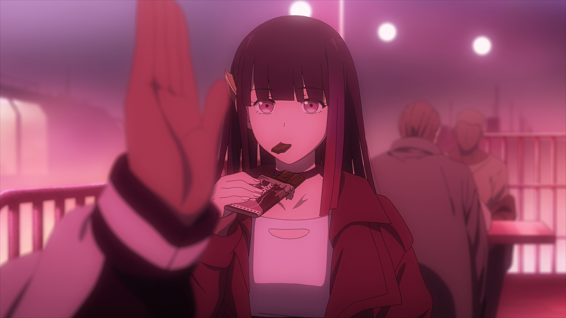 Anime character with metallic rouge hues as a HD desktop wallpaper, featuring a female character in red under a pinkish-purple lighting.