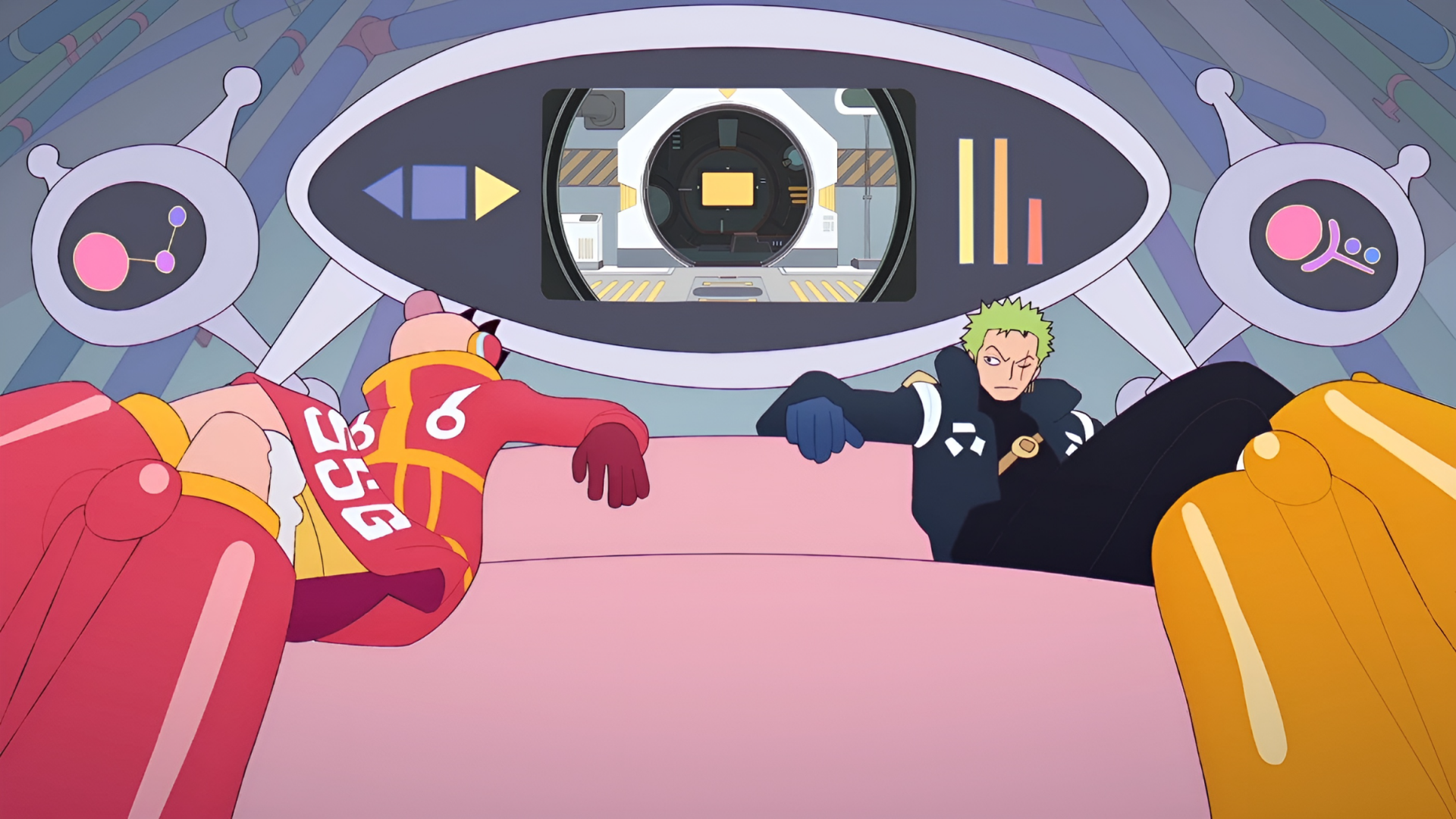 Anime HD desktop wallpaper featuring Monkey D. Luffy and Roronoa Zoro from One Piece in a dynamic cockpit scene.