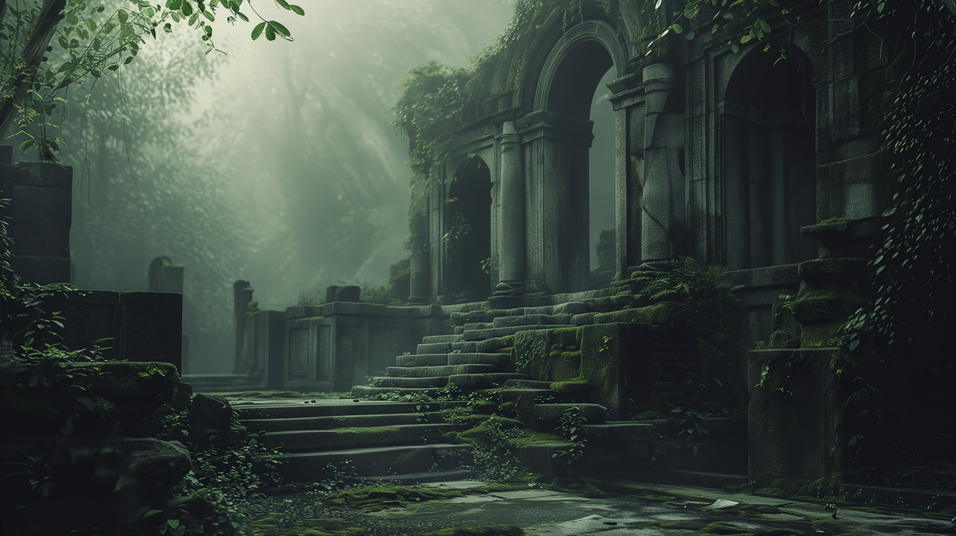 Ancient ruins enveloped in lush greenery, with moss-covered steps and majestic stone arches, create a serene and atmospheric HD desktop wallpaper.