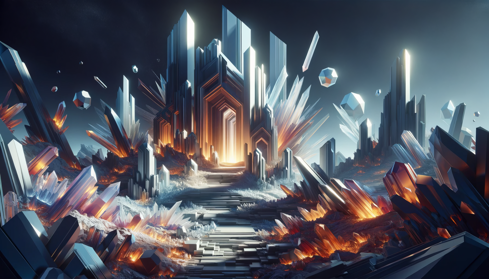 A stunning HD desktop wallpaper featuring a dramatic landscape of crystalline formations and glowing elements, creating a captivating and otherworldly atmosphere.