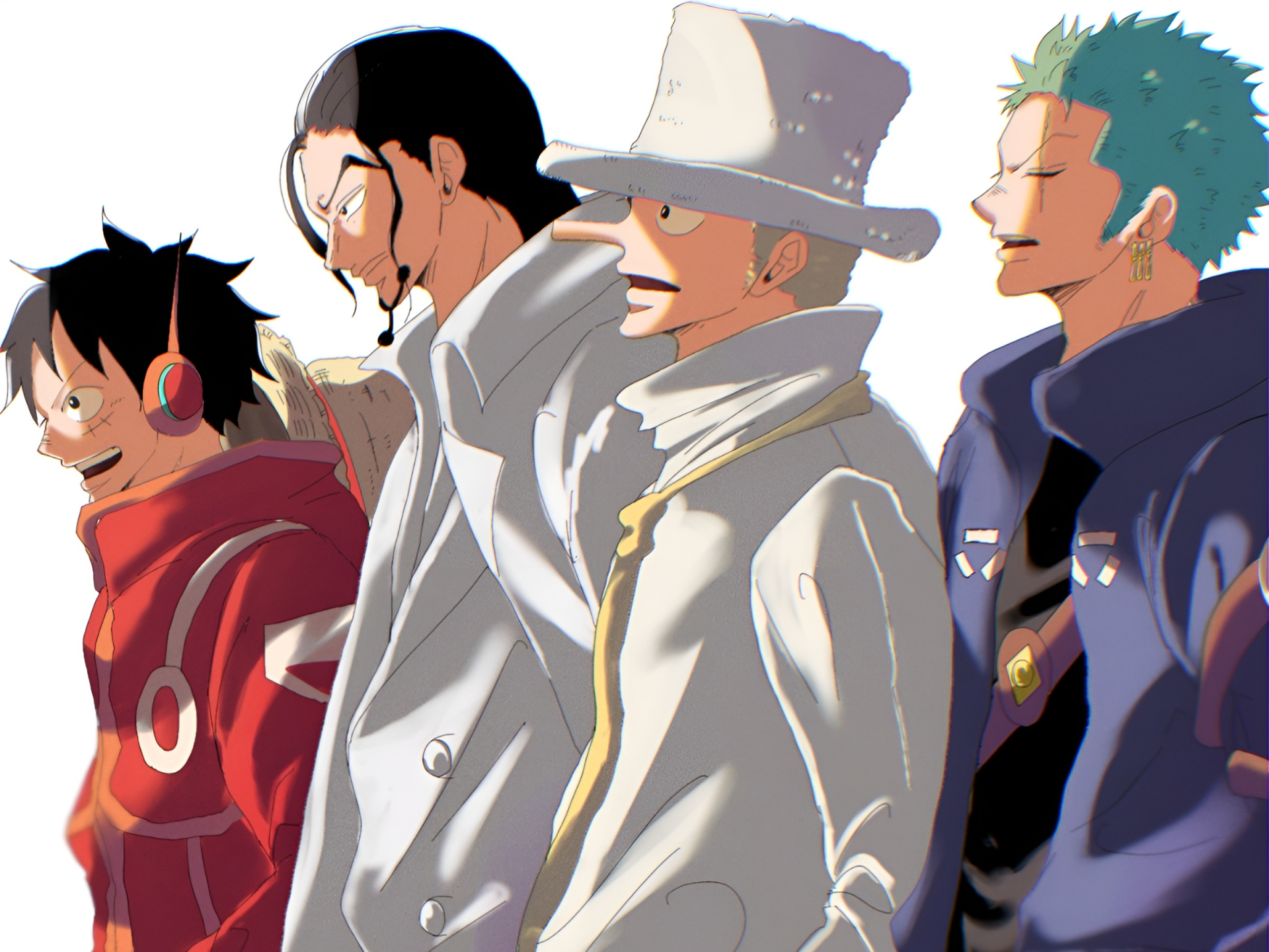 HD anime wallpaper featuring Monkey D. Luffy, Rob Lucci, and Roronoa Zoro from One Piece in a dynamic side profile composition.
