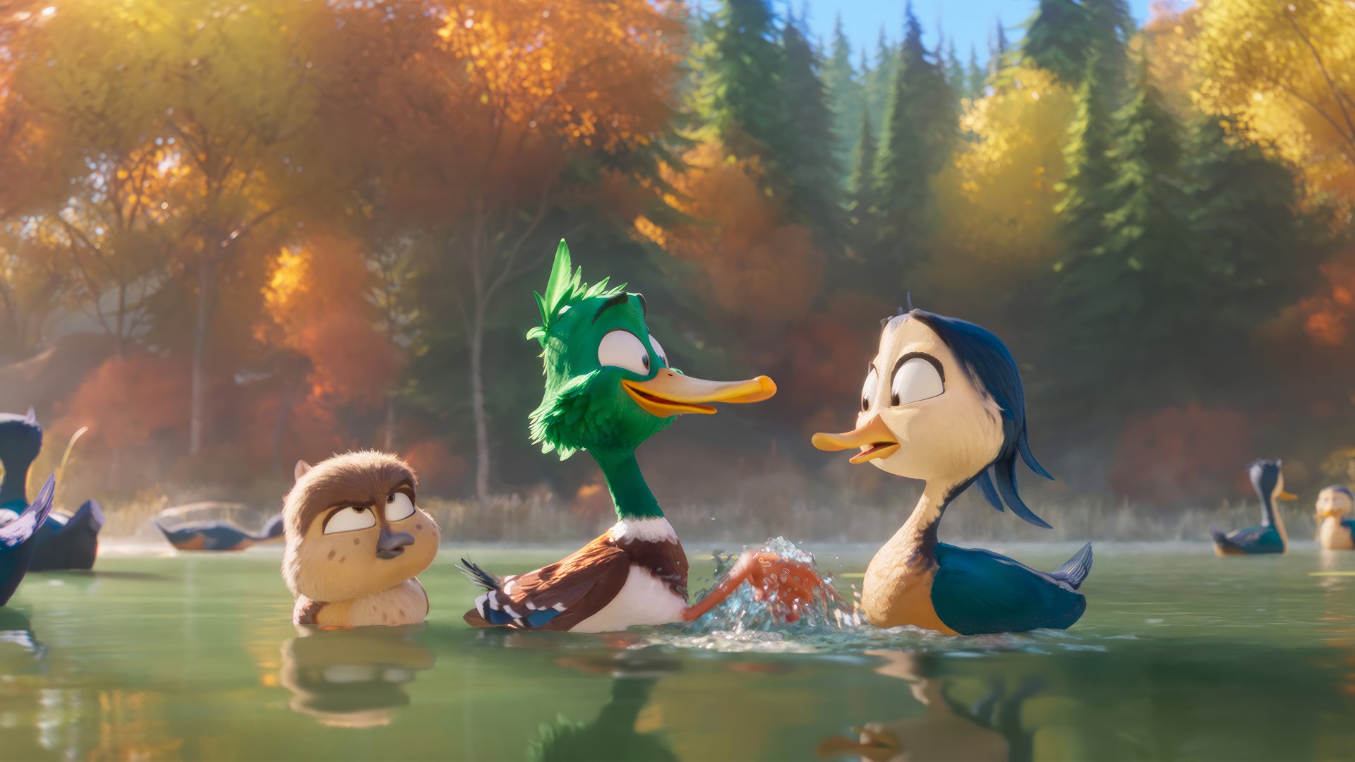 HD desktop wallpaper featuring animated ducks from the movie Migration (2023) in a serene autumnal lake setting.
