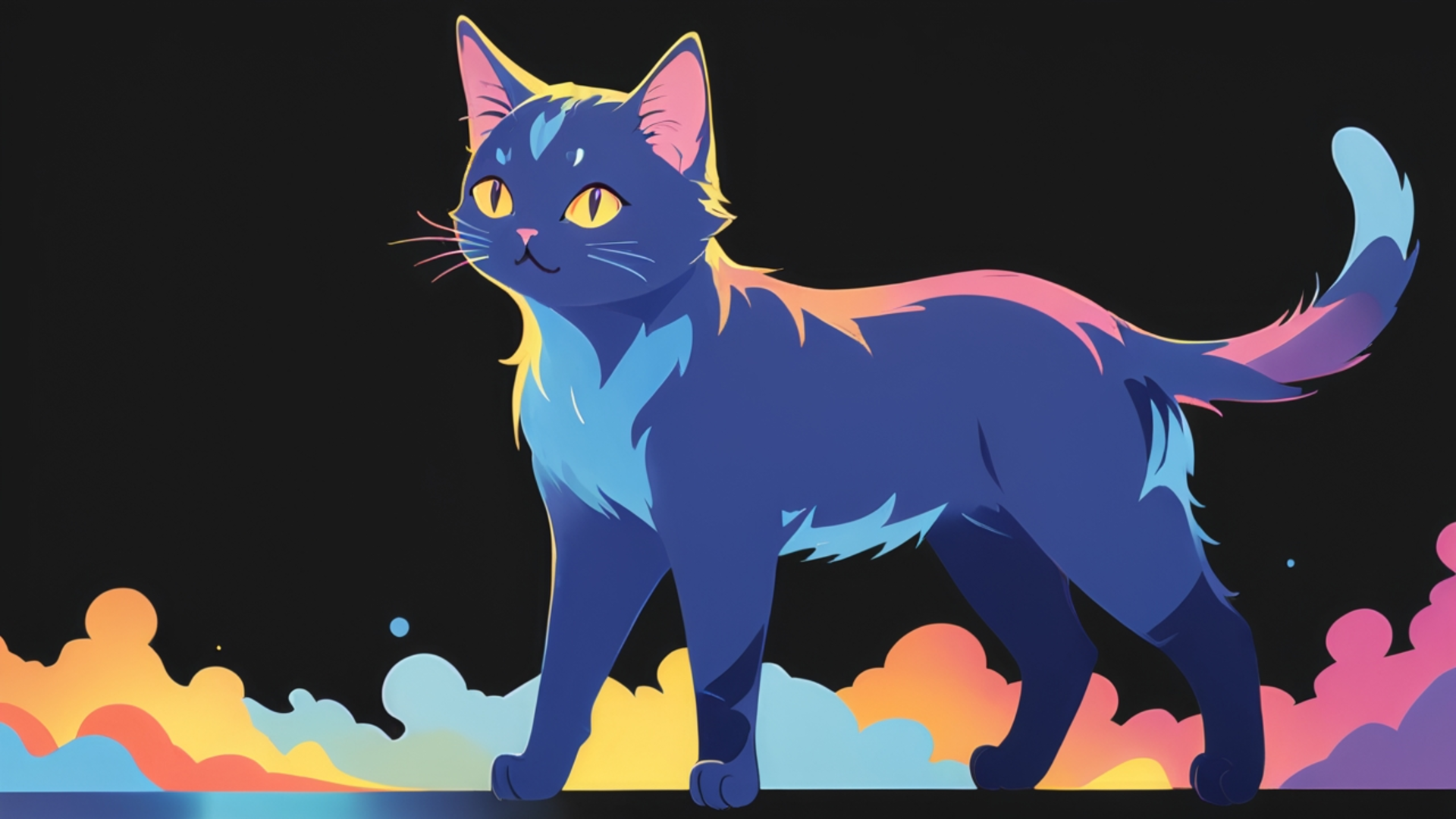 Colorful drawing of a blue cat with bright yellow cat eyes on a dark background above rainbow clouds — HD PC desktop wallpaper and background.